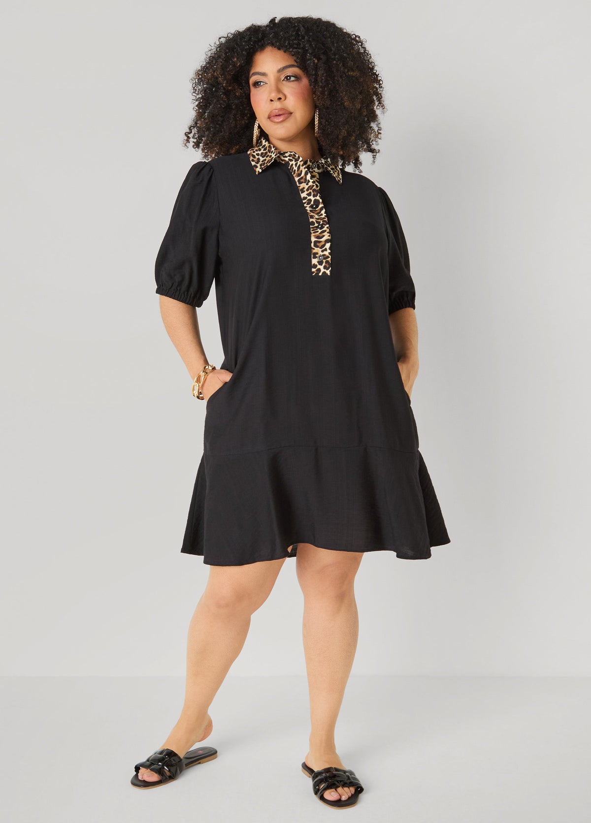 Leopard Trimmed Flounced Dress Black Combo | Ashley Stewart