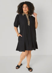Leopard Trimmed Flounced Dress Black Combo | Ashley Stewart