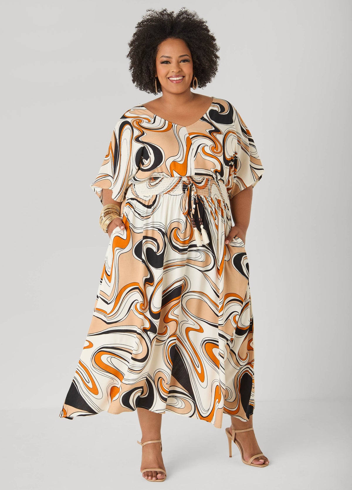 Tie Back Scroll Print Maxi Dress CORNSTALK | Ashley Stewart