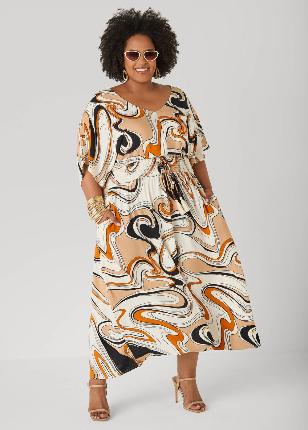 Tie Back Scroll Print Maxi Dress CORNSTALK | Ashley Stewart