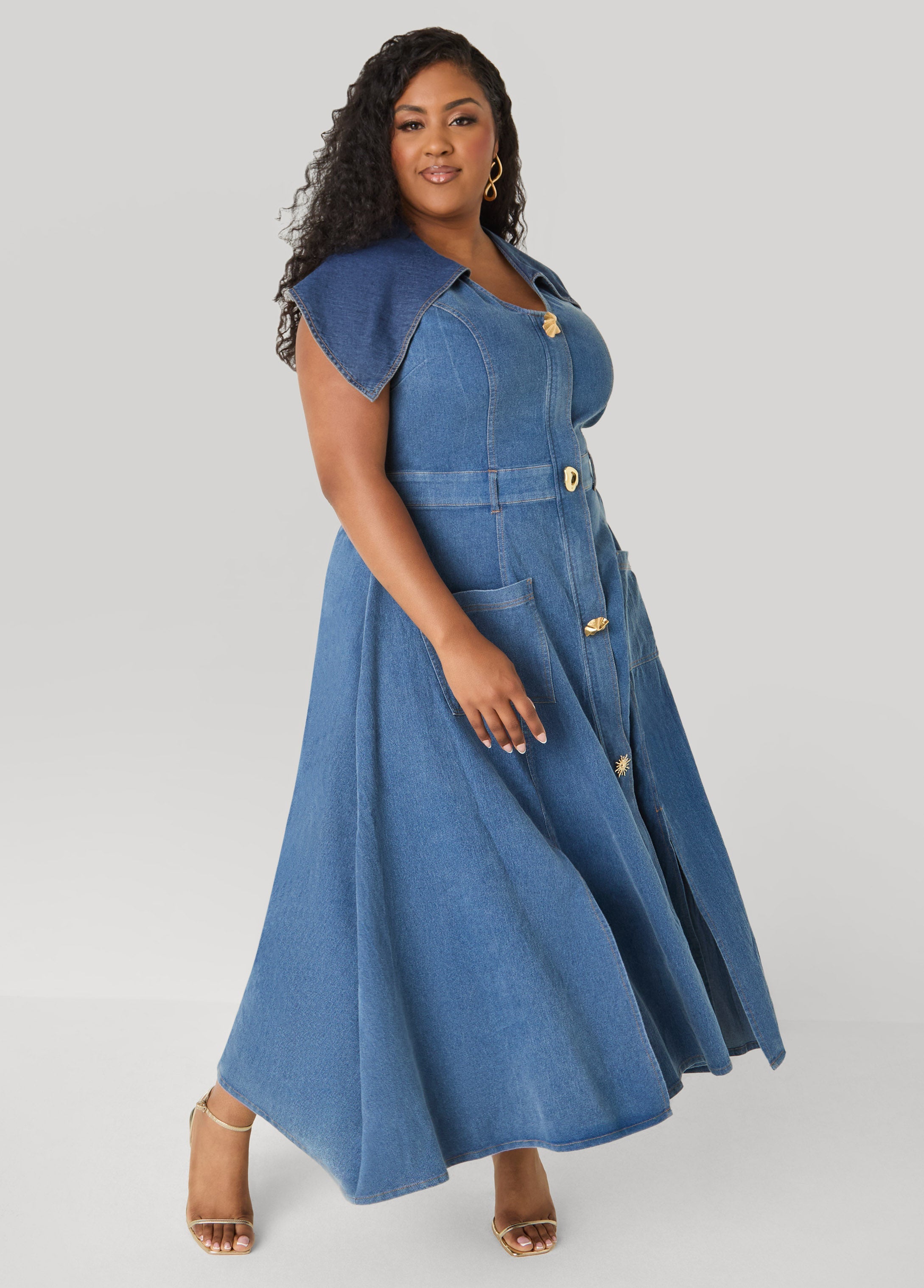 Shawl Collar Paneled Denim Dress Denim Blue | Ashley Stewart