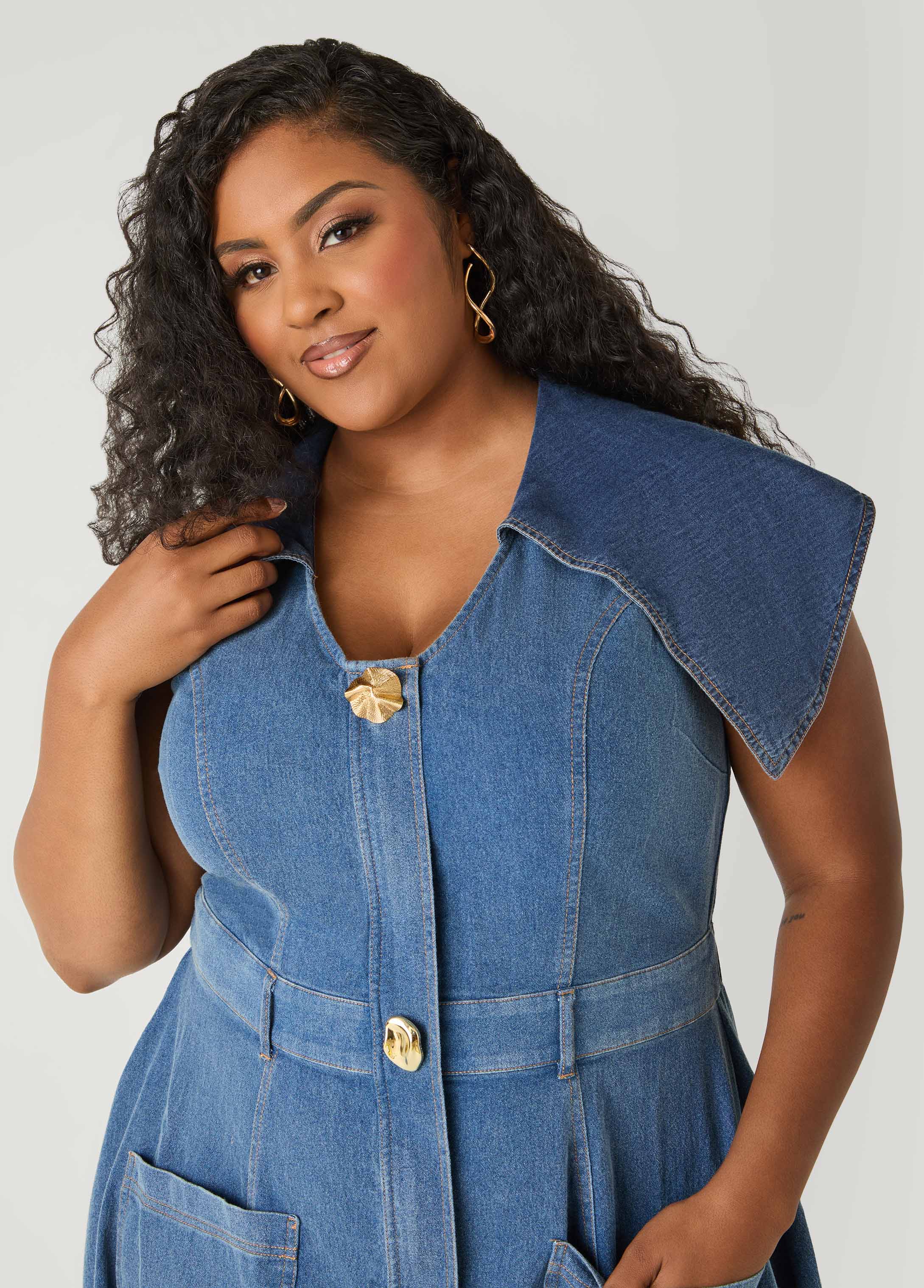Shawl Collar Paneled Denim Dress Denim Blue | Ashley Stewart