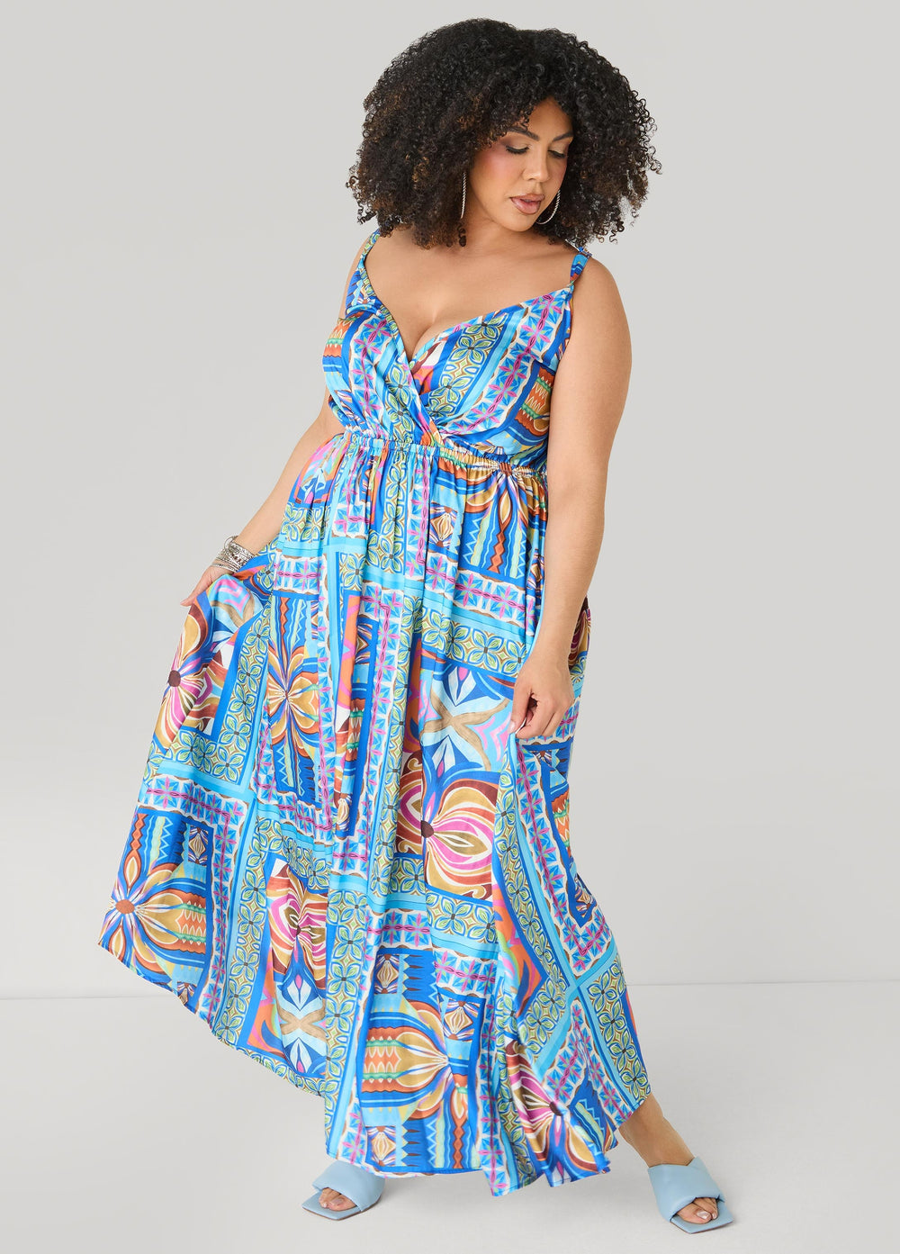 Tile Print Satin Maxi Dress Multi | Ashley Stewart