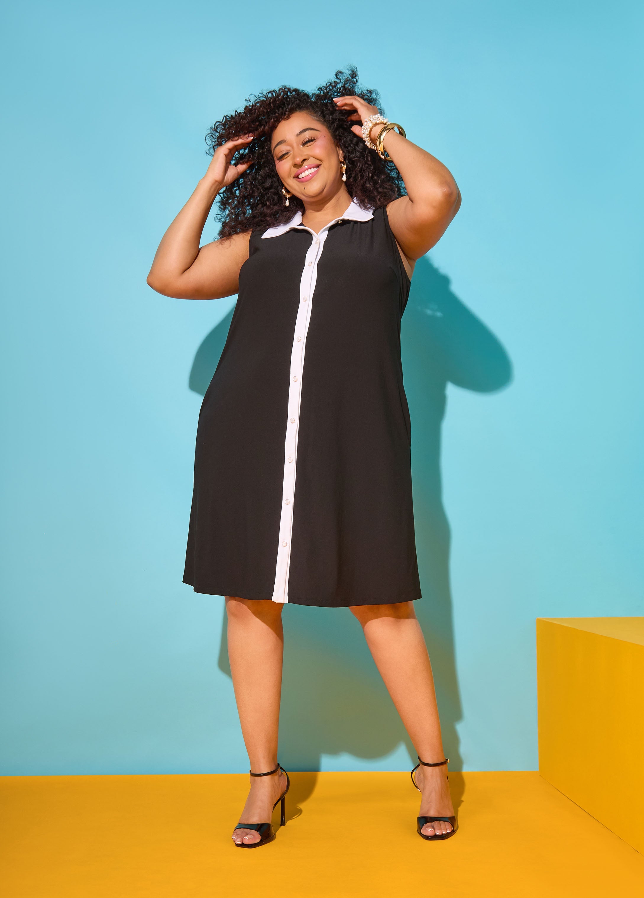 Two Tone Button Front Dress Black White | Ashley Stewart