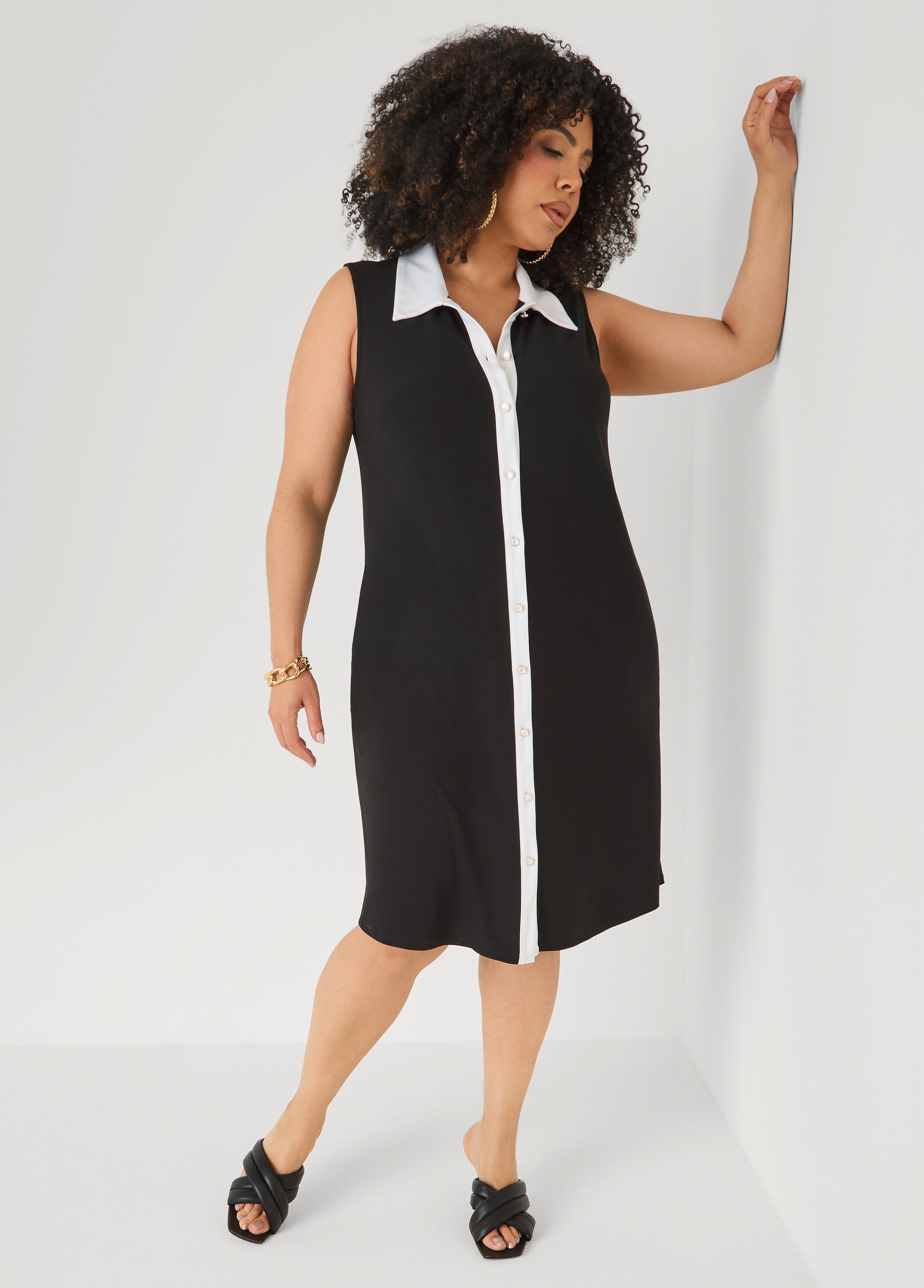 Two Tone Button Front Dress Black White | Ashley Stewart