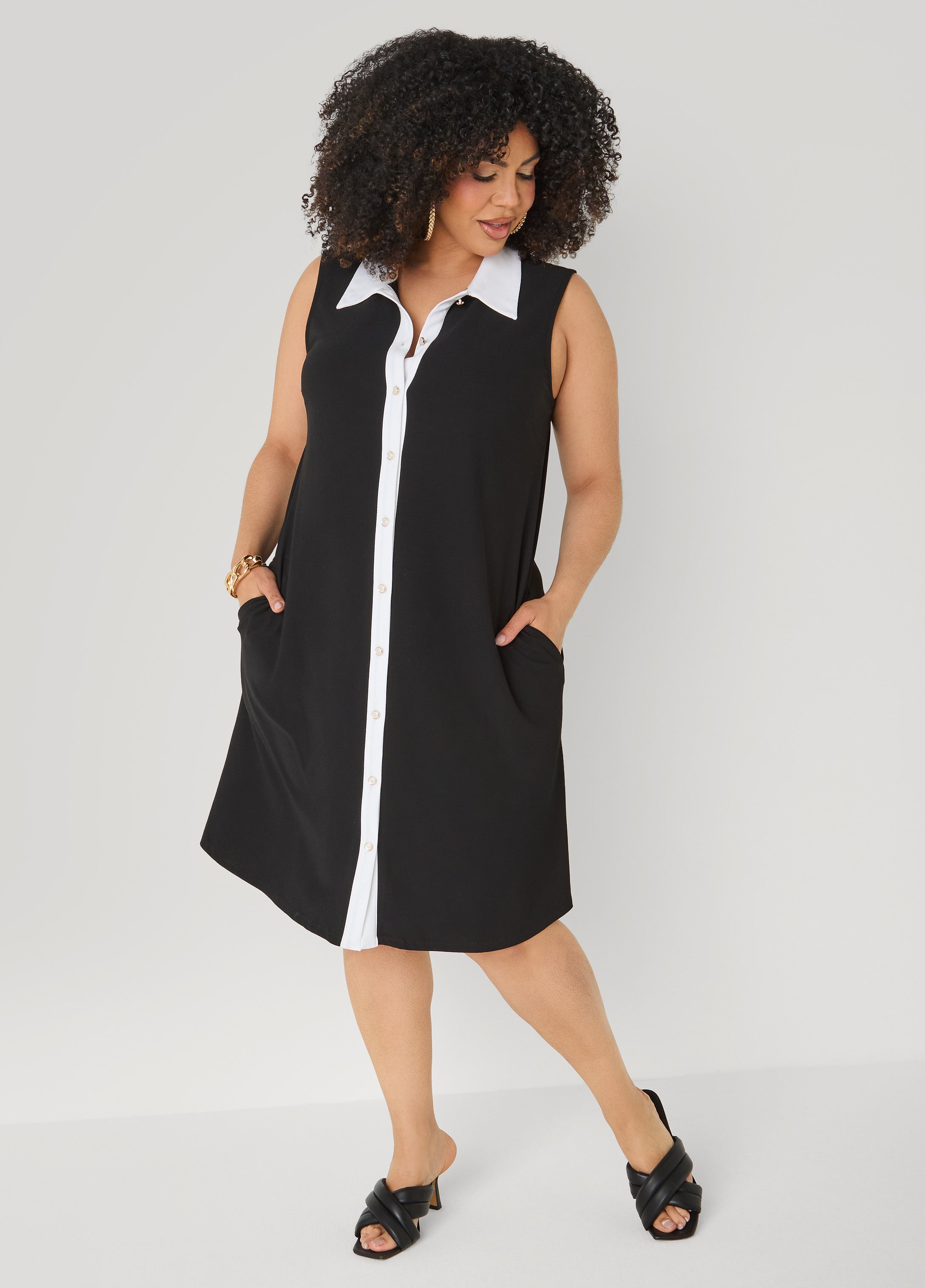 Two Tone Button Front Dress Black White | Ashley Stewart