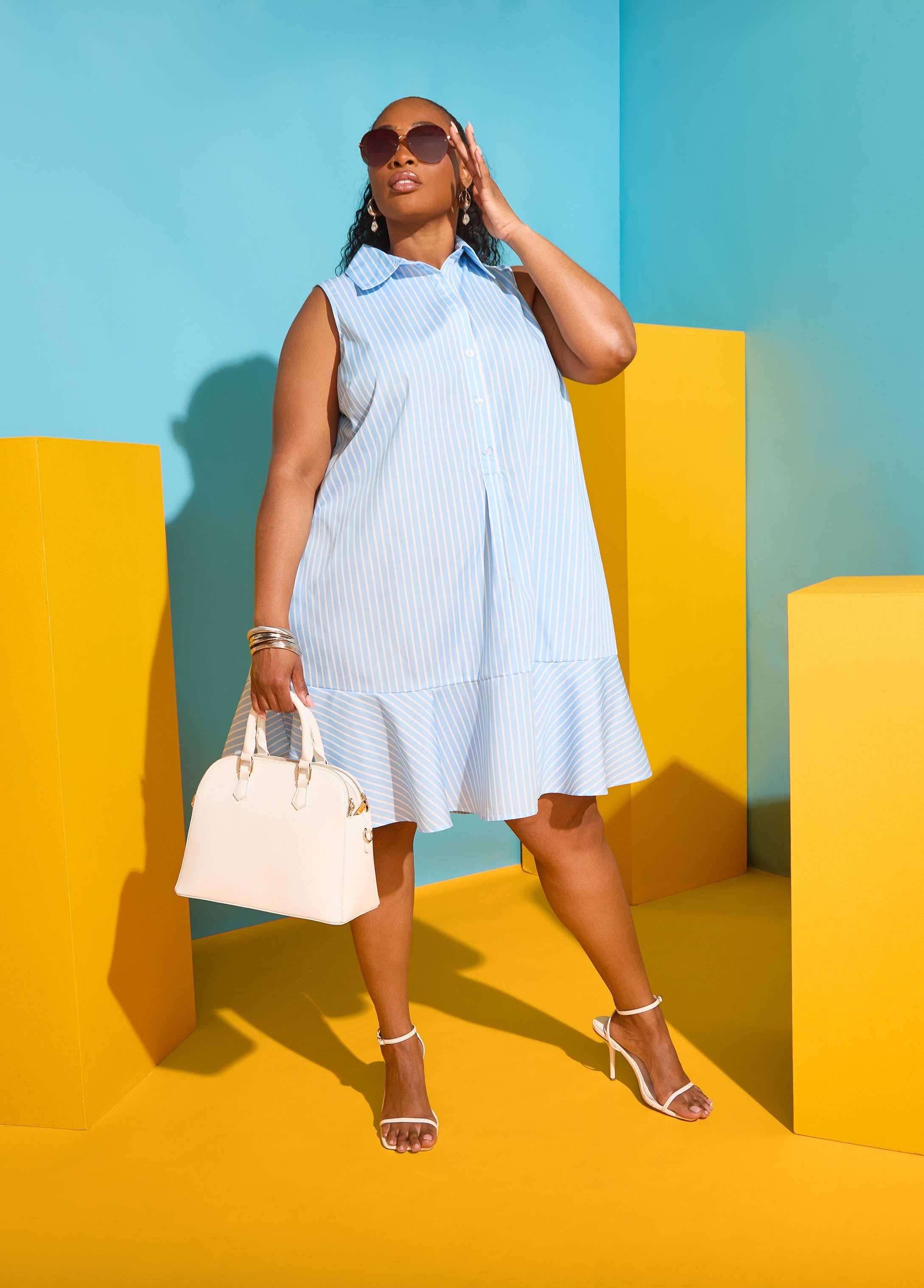 Flounced Striped Shirtdress POWDER BLUE | Ashley Stewart