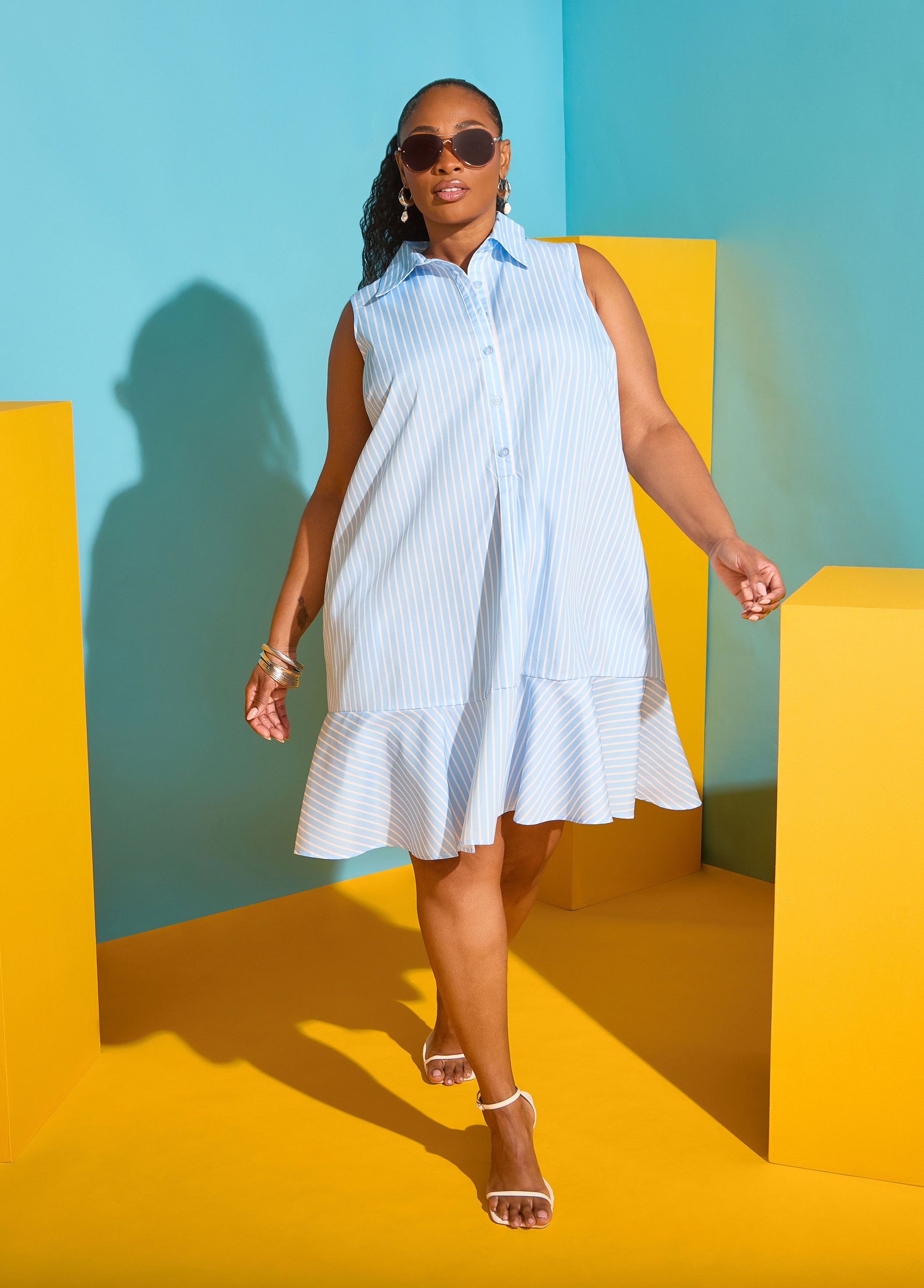 Flounced Striped Shirtdress POWDER BLUE | Ashley Stewart
