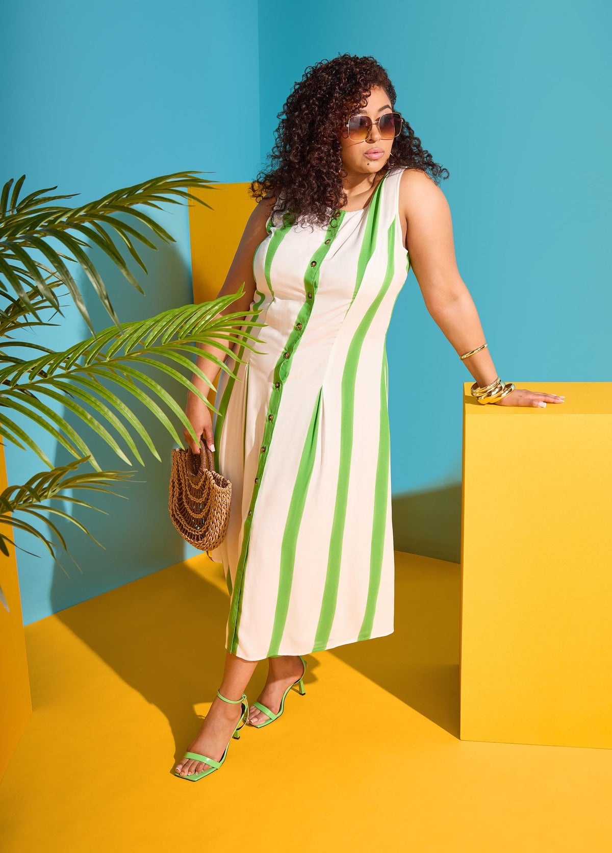 Striped Maxi Shirtdress Bud Green | Ashley Stewart