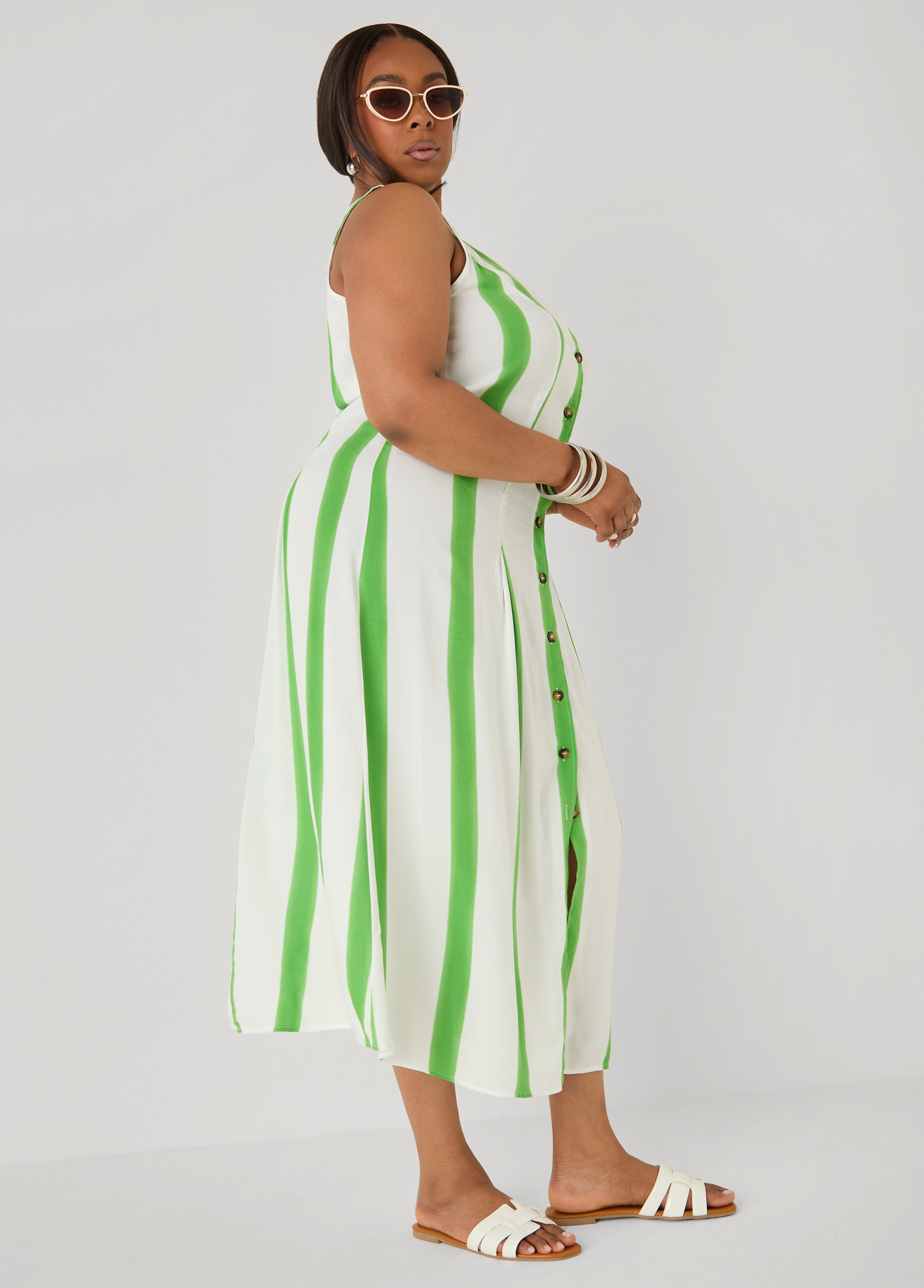 Striped Maxi Shirtdress Bud Green | Ashley Stewart