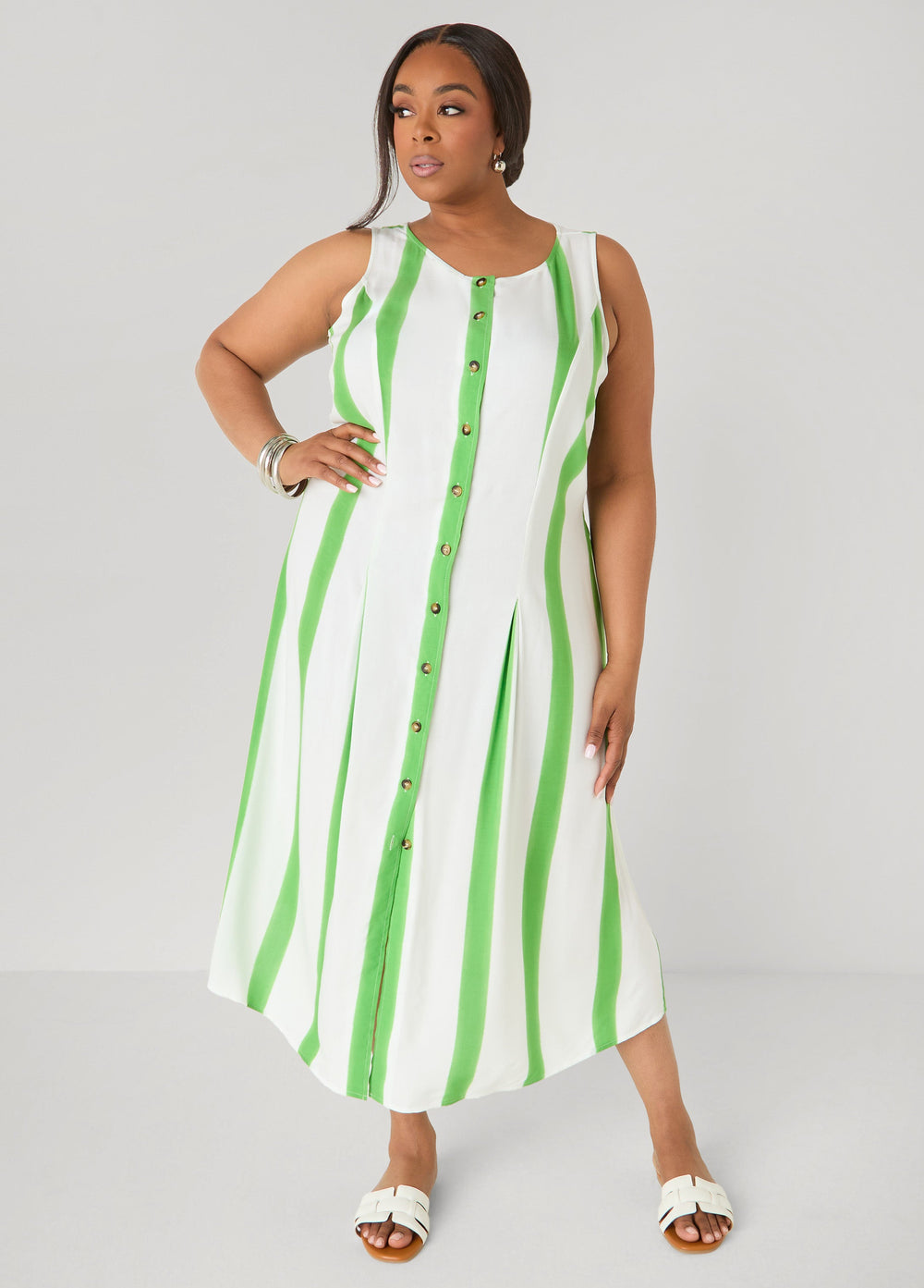Striped Maxi Shirtdress Bud Green | Ashley Stewart
