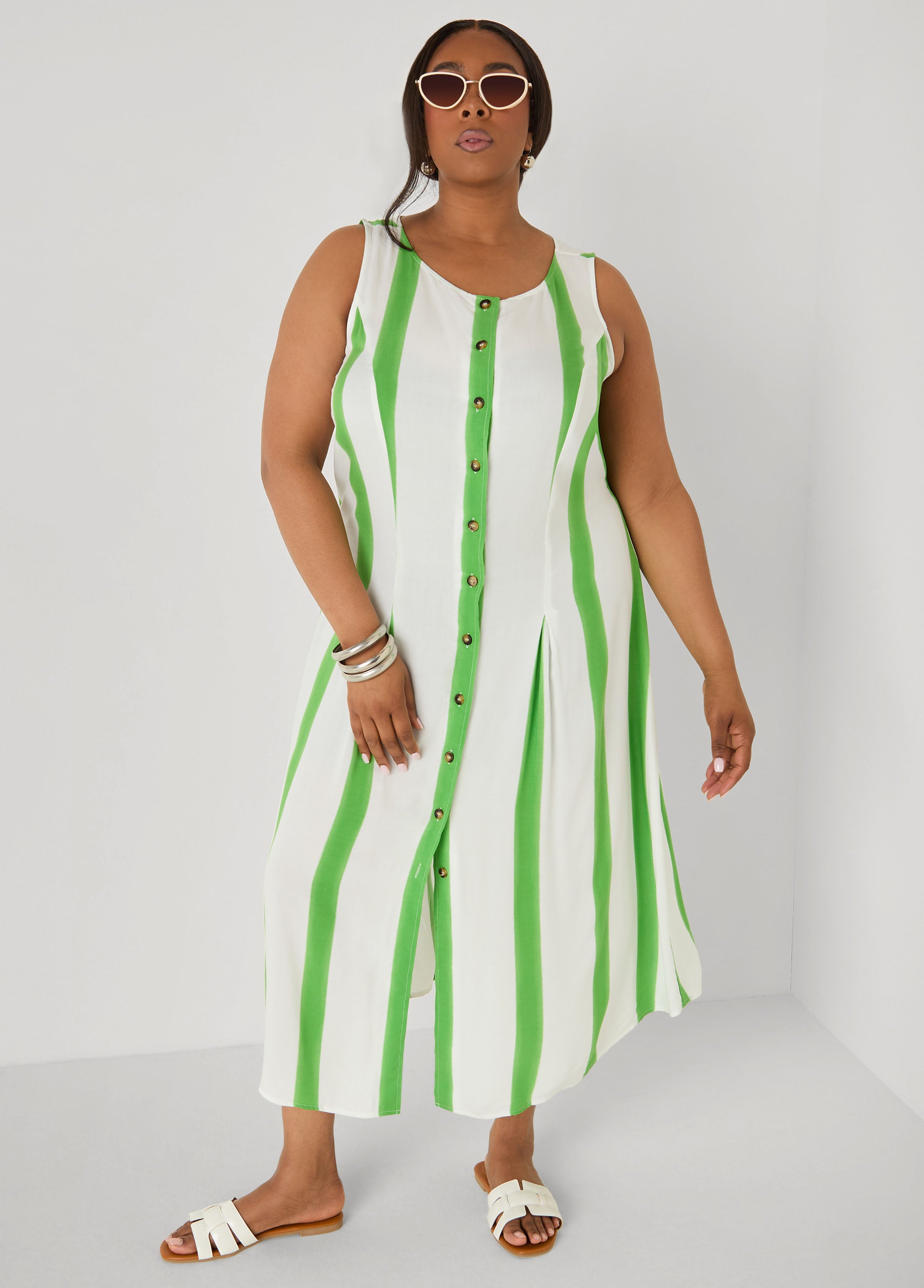 Striped Maxi Shirtdress Bud Green | Ashley Stewart
