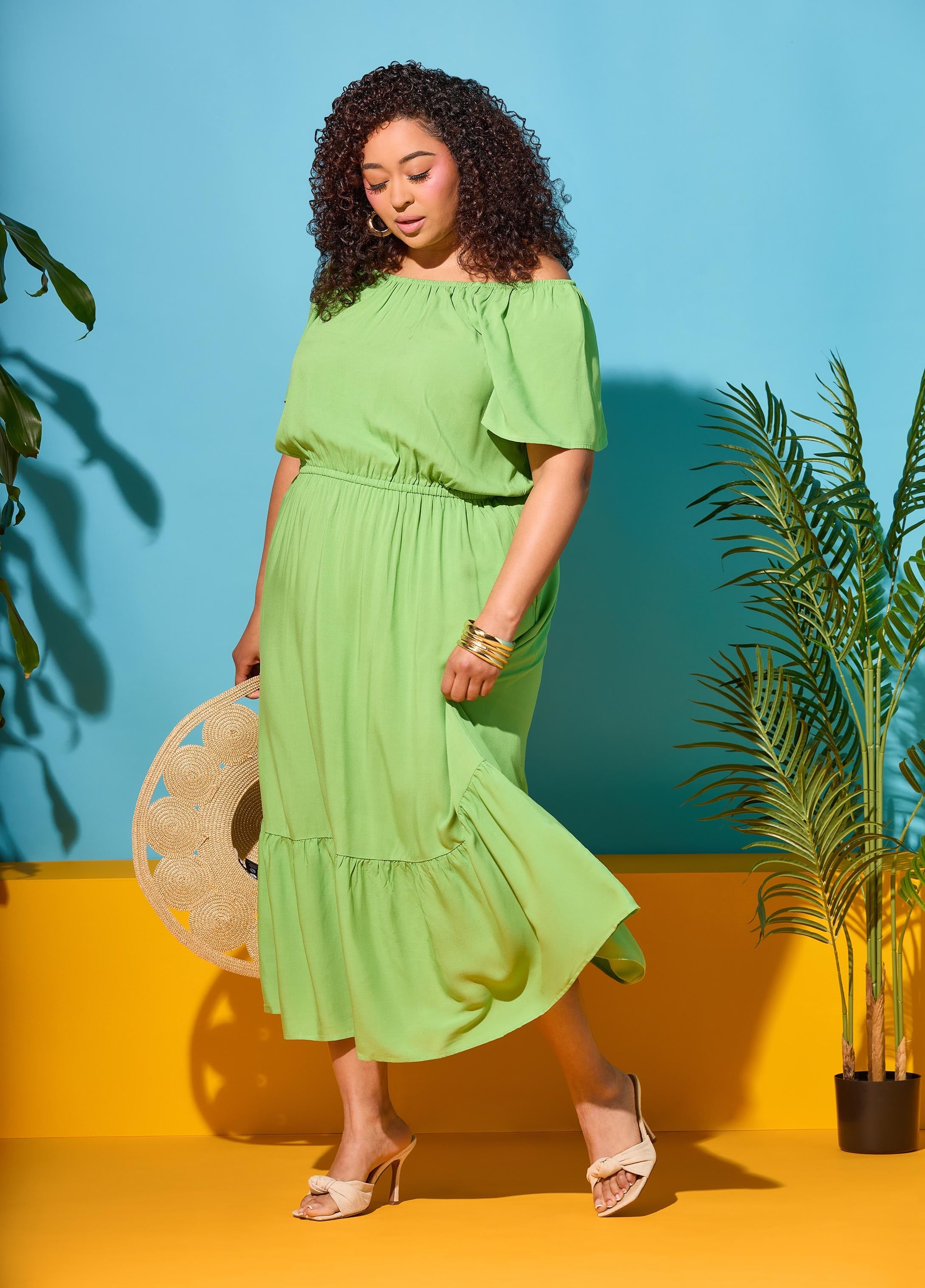 Off The Shoulder Maxi Dress Bud Green | Ashley Stewart