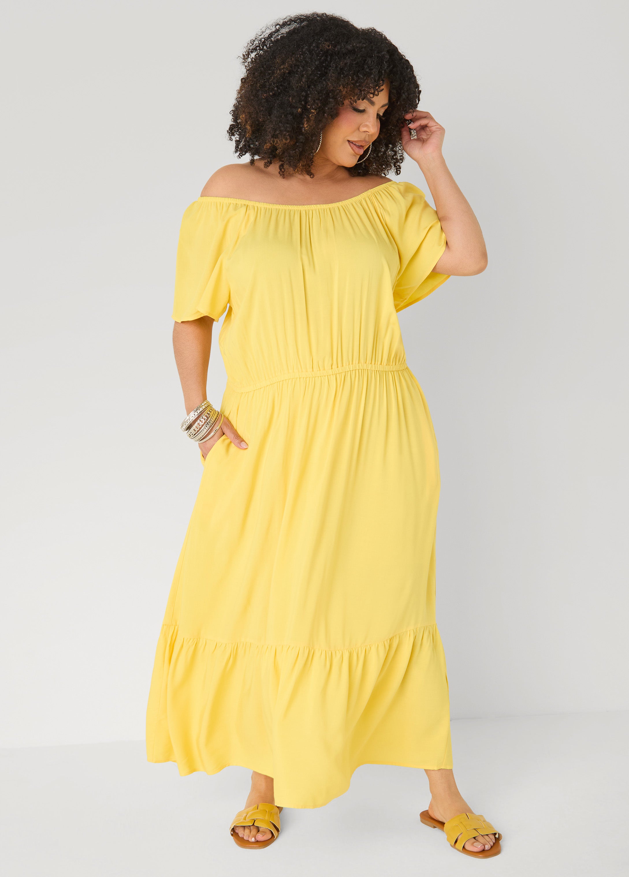 Off The Shoulder Maxi Dress Bud Green | Ashley Stewart