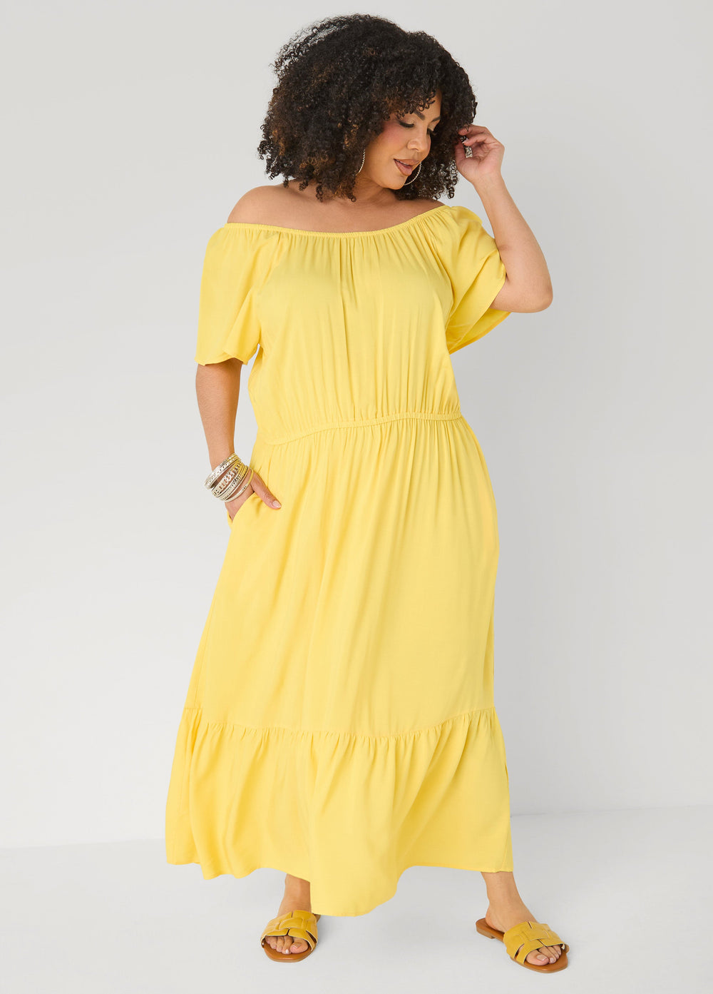 Off The Shoulder Maxi Dress Bud Green | Ashley Stewart