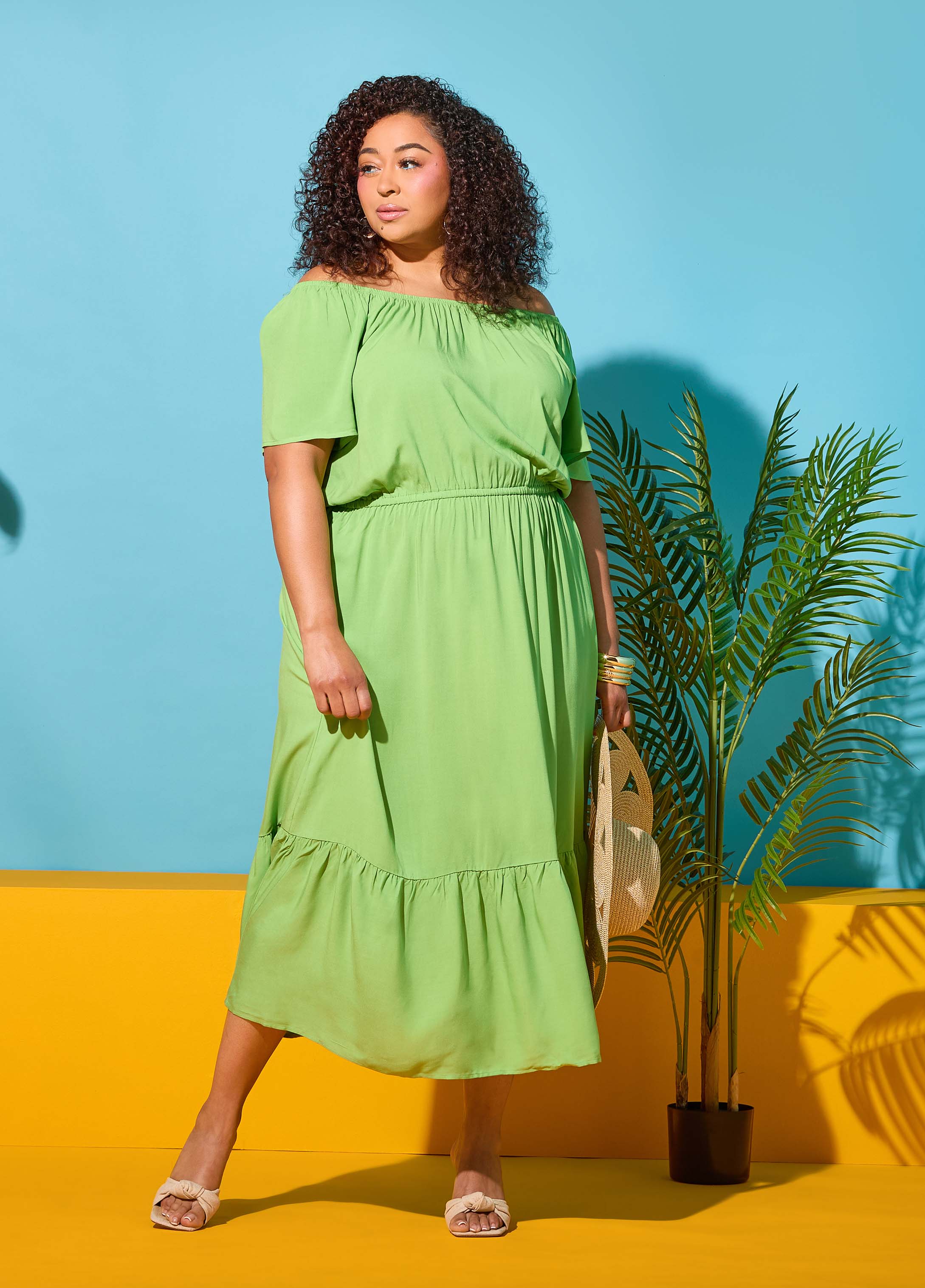 Off The Shoulder Maxi Dress Bud Green | Ashley Stewart