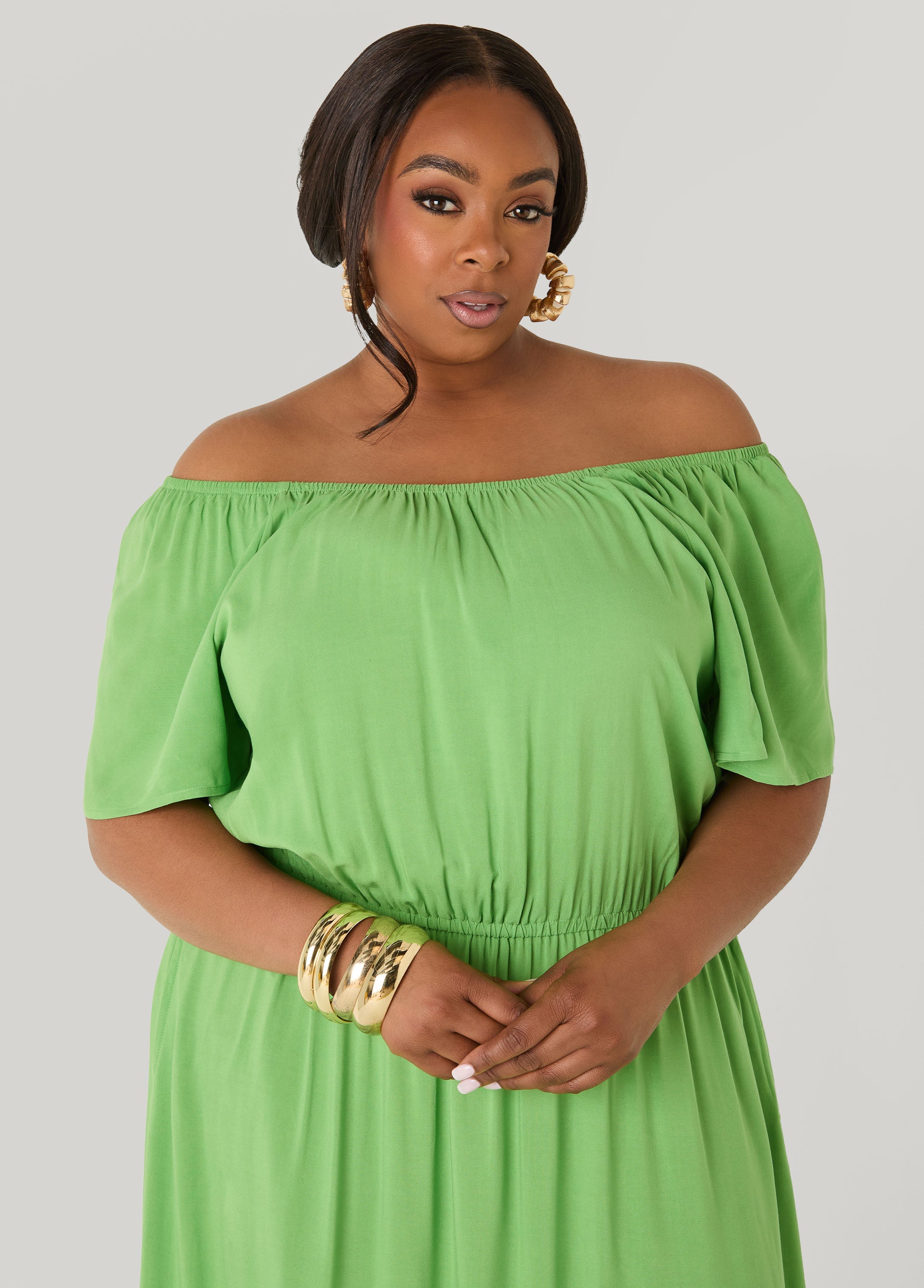 Off The Shoulder Maxi Dress Bud Green | Ashley Stewart