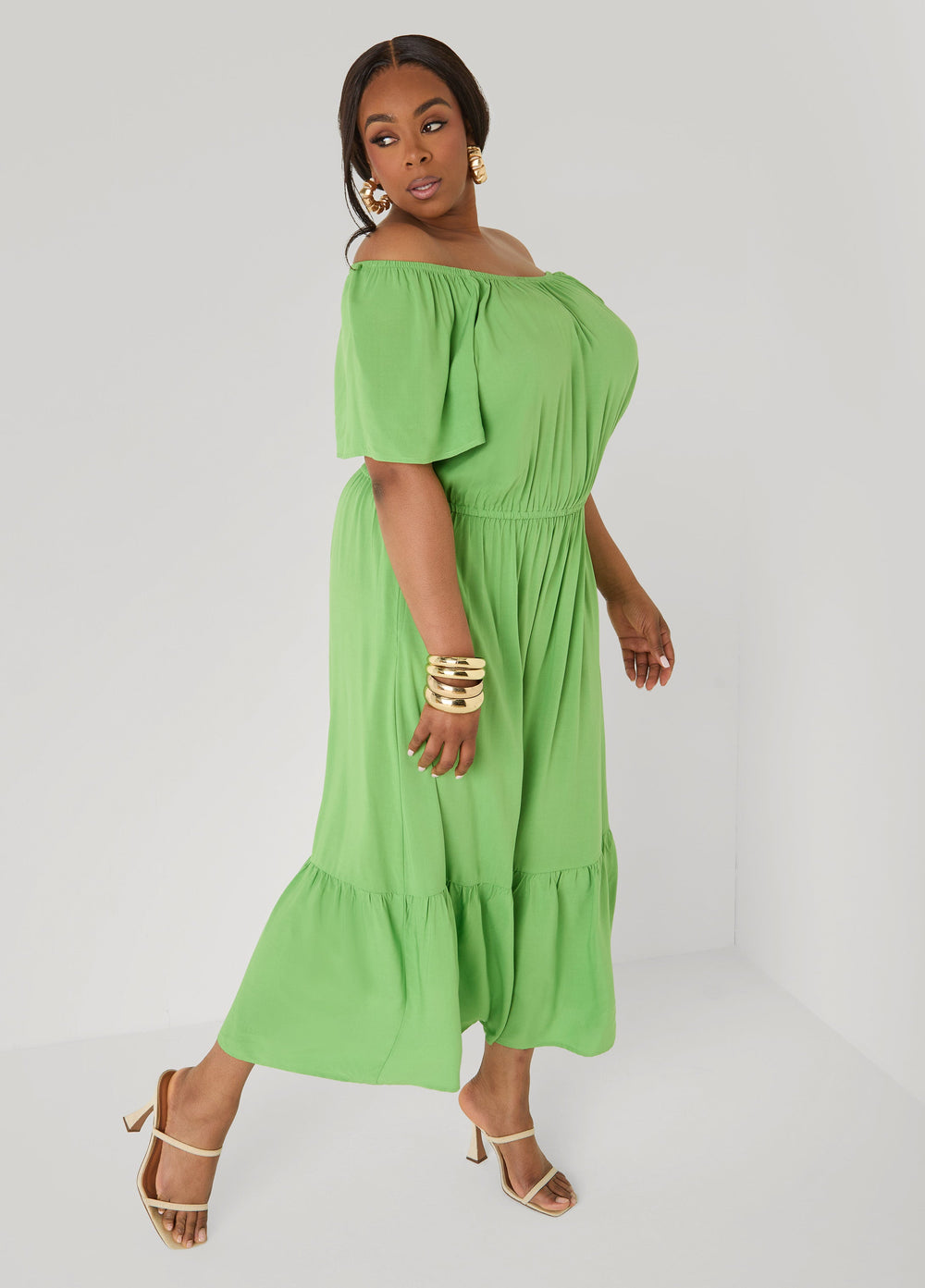 Off The Shoulder Maxi Dress Bud Green | Ashley Stewart
