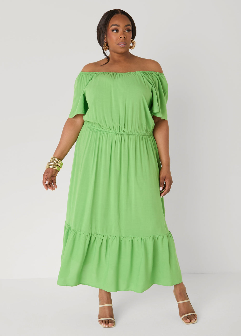 Off The Shoulder Maxi Dress Bud Green | Ashley Stewart