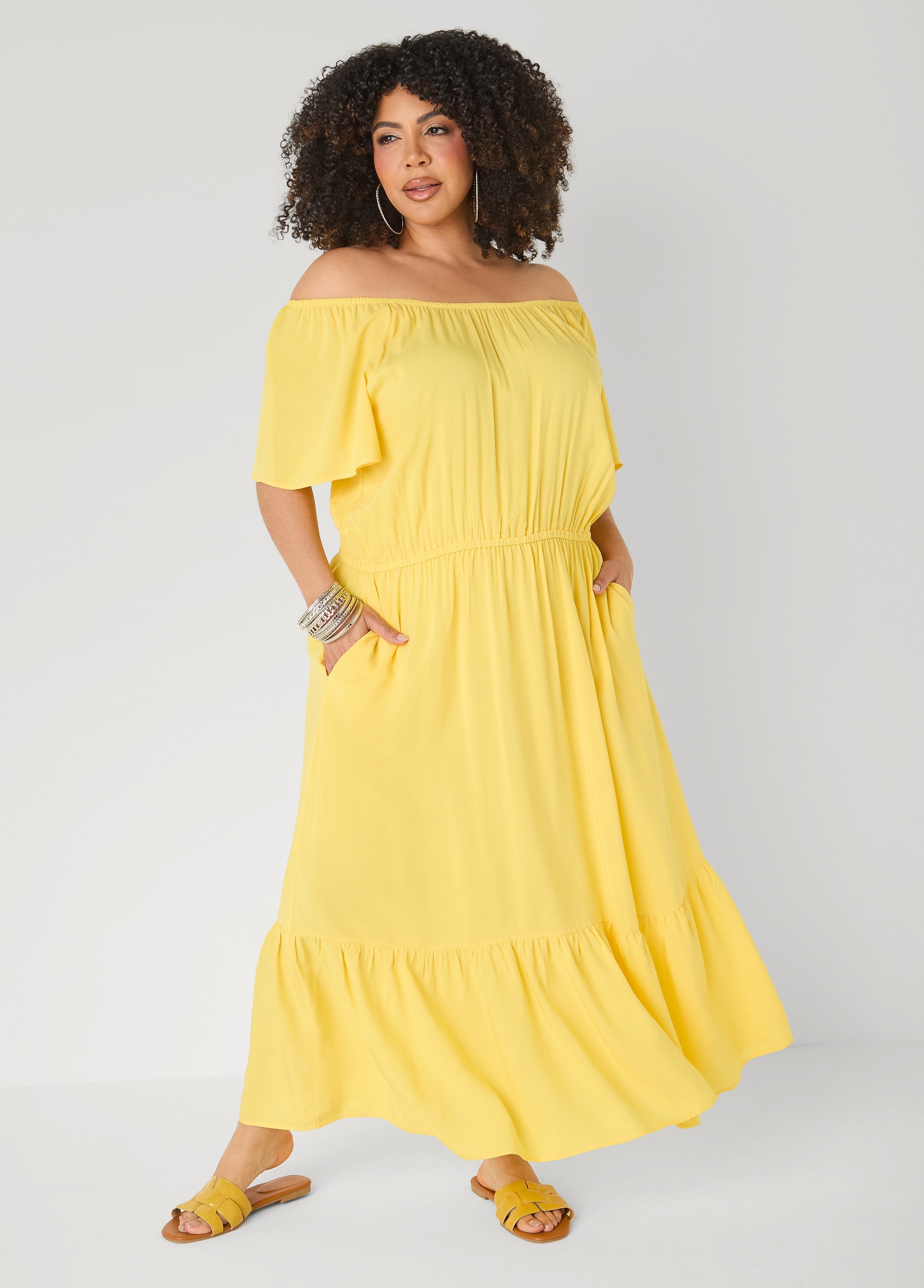 Off The Shoulder Maxi Dress Bud Green | Ashley Stewart