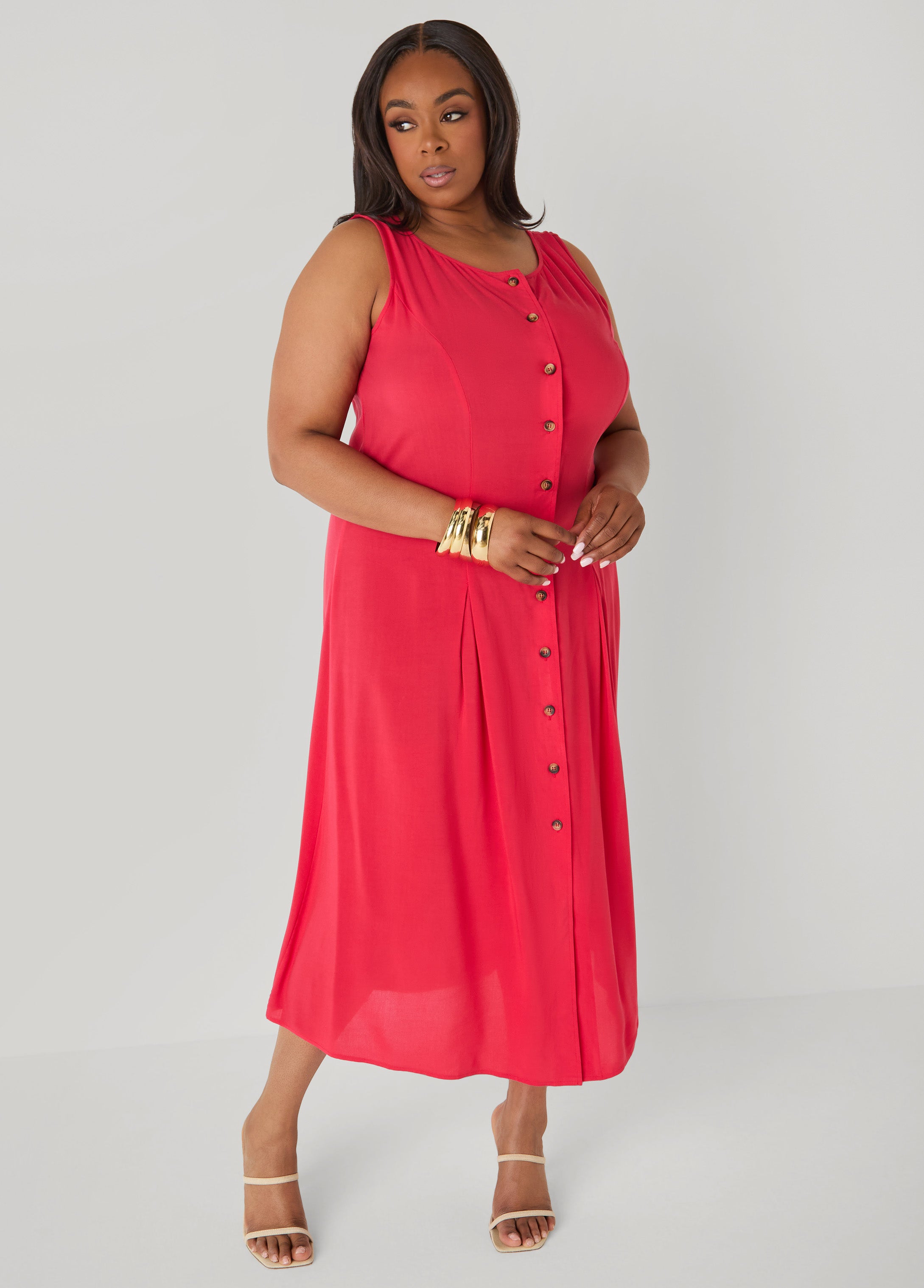 Pleated Maxi Shirtdress Poinsettia | Ashley Stewart