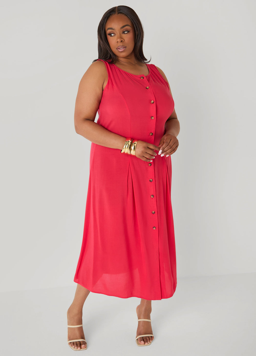 Pleated Maxi Shirtdress Poinsettia | Ashley Stewart