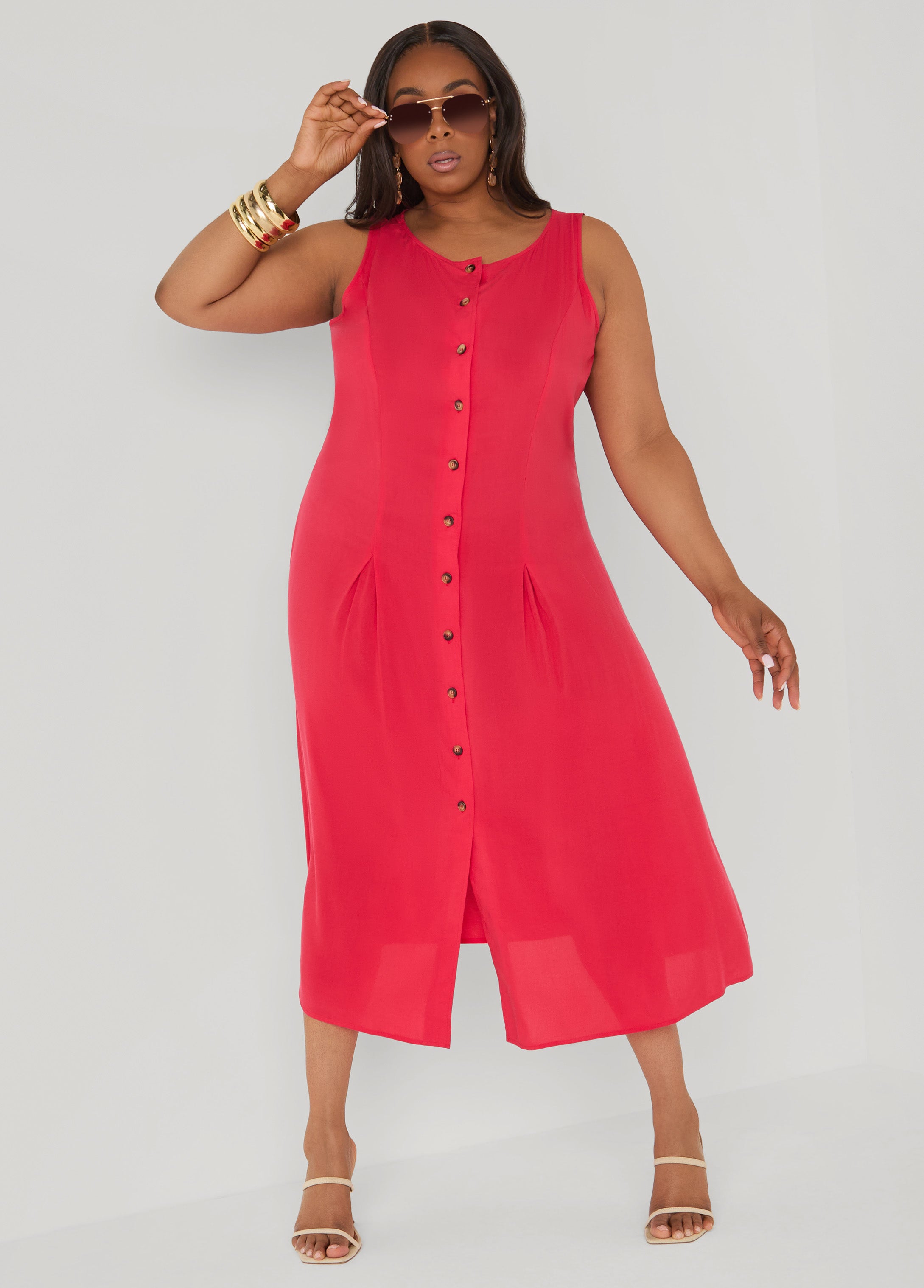 Pleated Maxi Shirtdress Poinsettia | Ashley Stewart