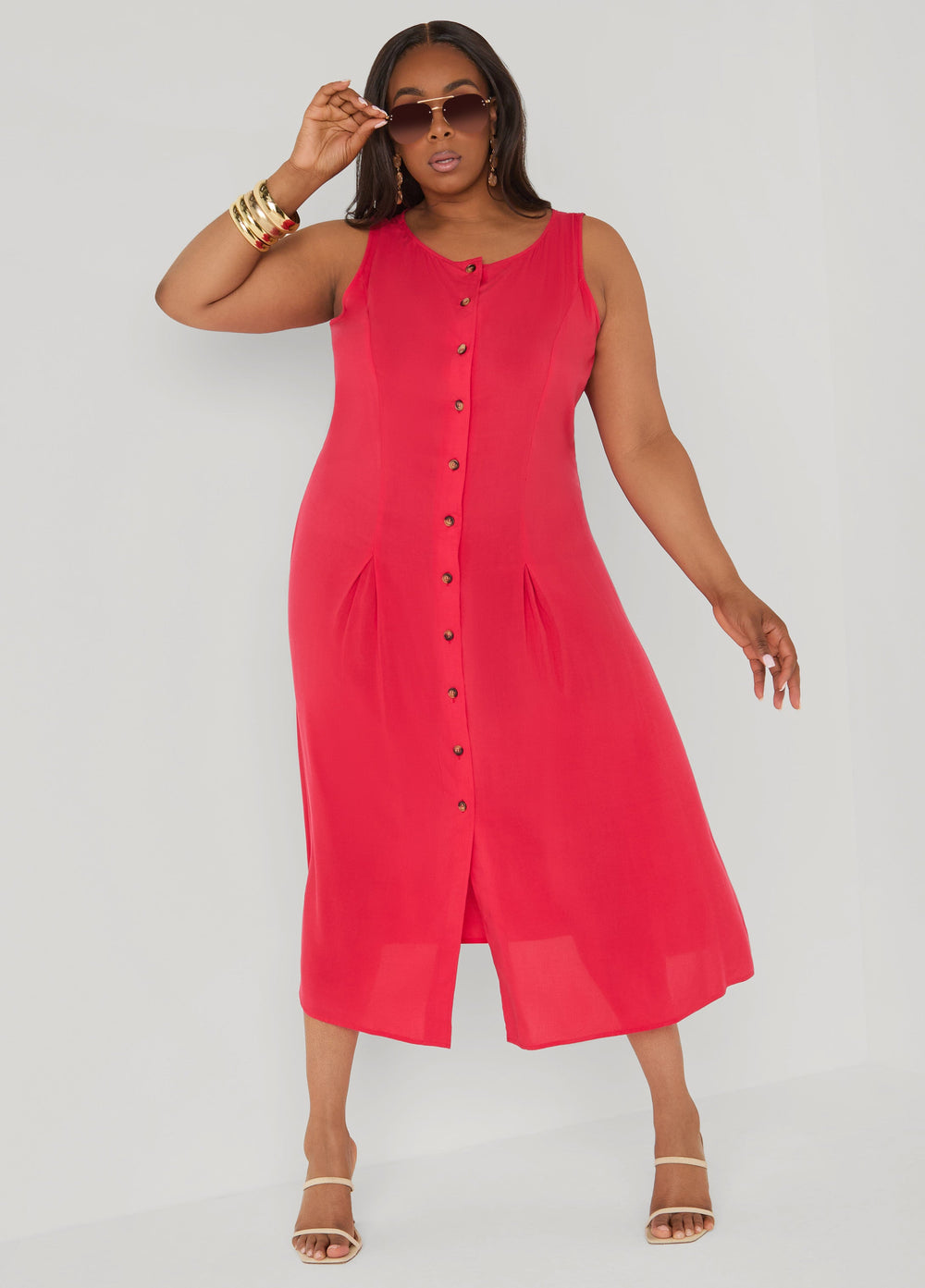 Pleated Maxi Shirtdress Poinsettia | Ashley Stewart