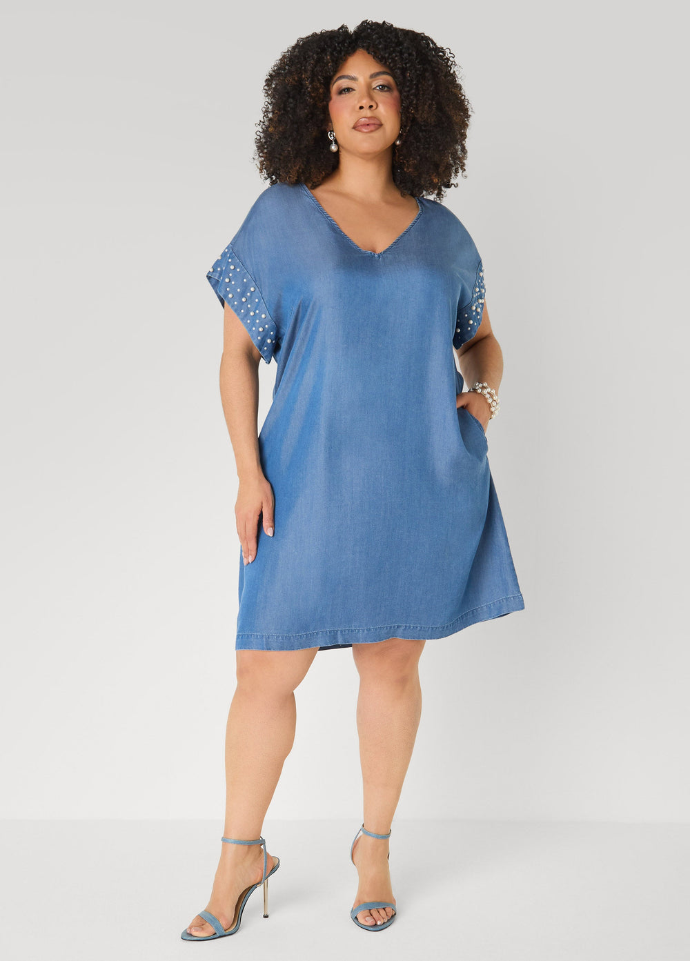 Faux Pearl Chambray Dress Medium Blue | Ashley Stewart