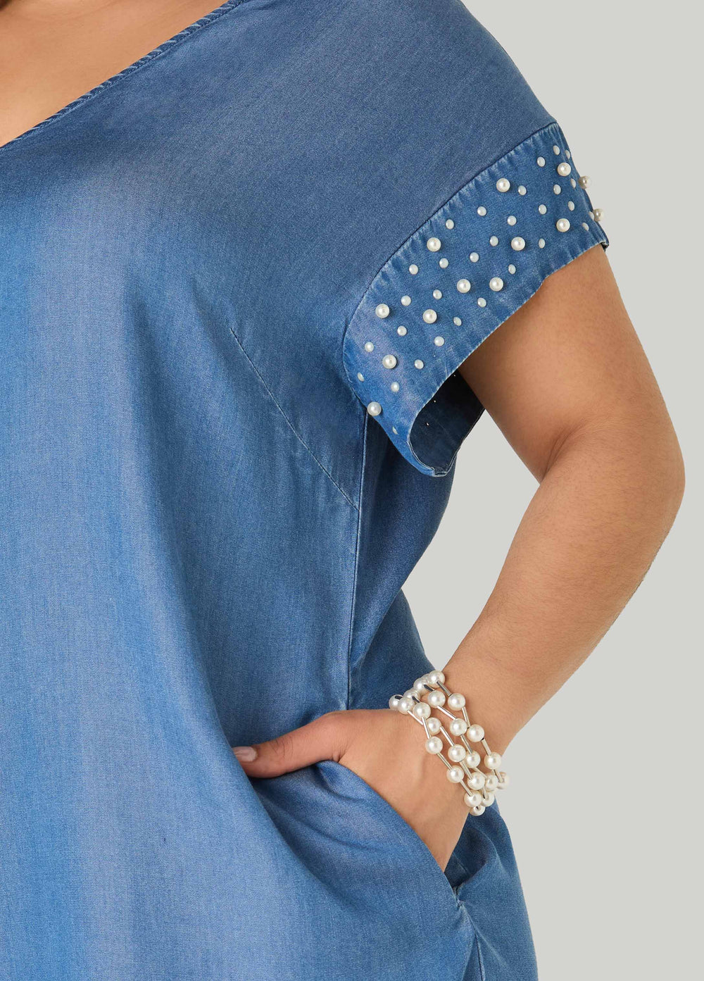 Faux Pearl Chambray Dress Medium Blue | Ashley Stewart