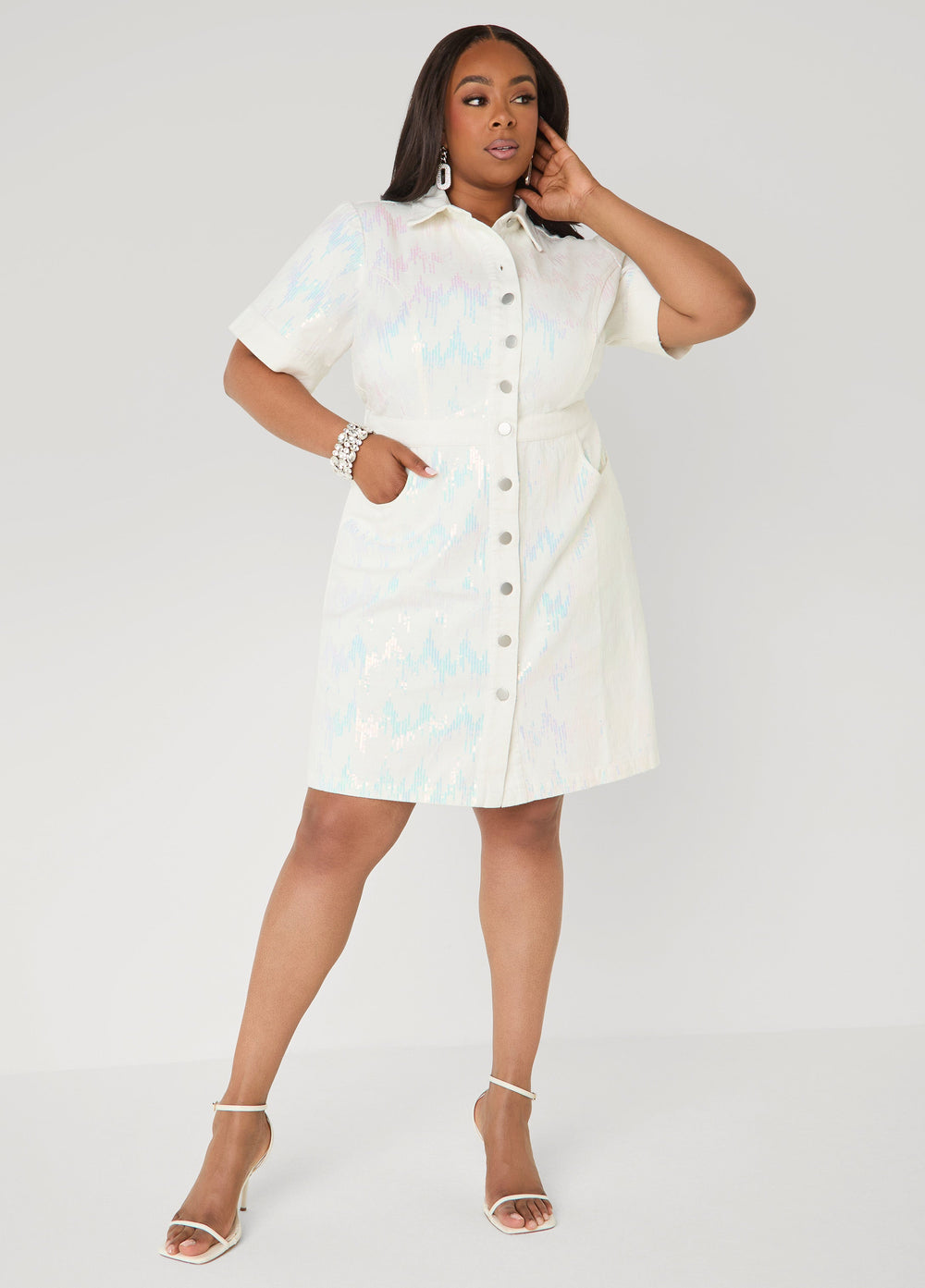 Sequined Denim Shirtdress White | Ashley Stewart