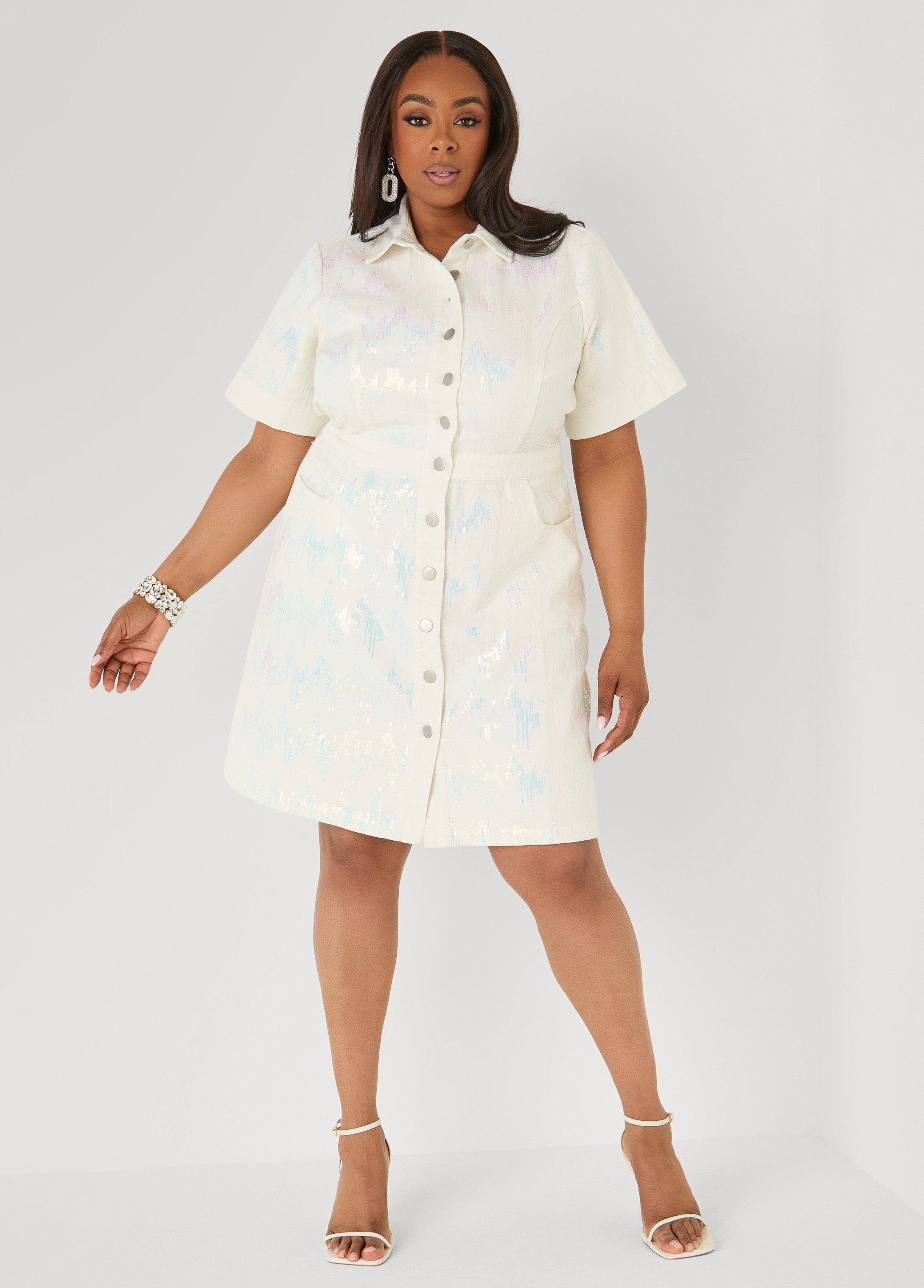 Sequined Denim Shirtdress White | Ashley Stewart