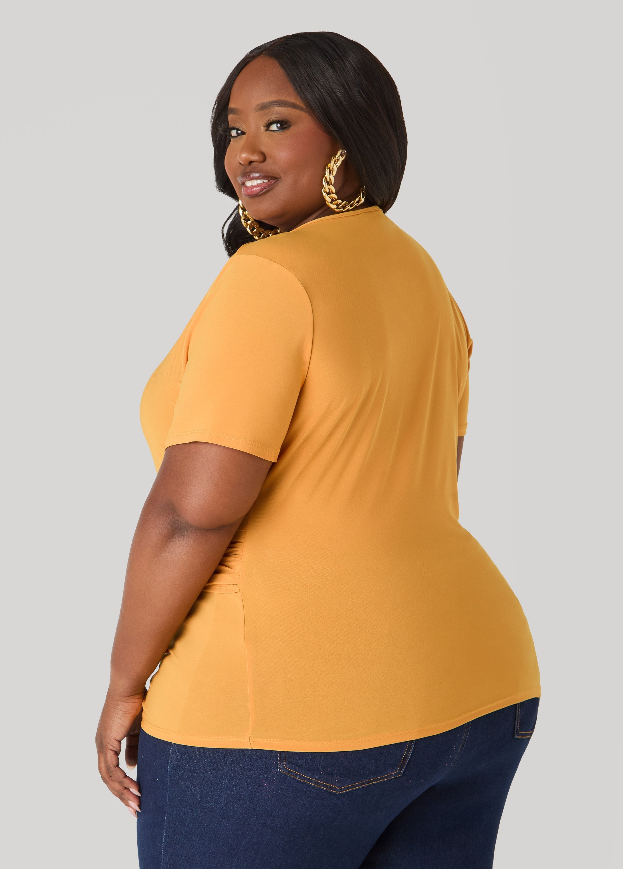 Gathered Embellished V Neck Top Mustard | Ashley Stewart