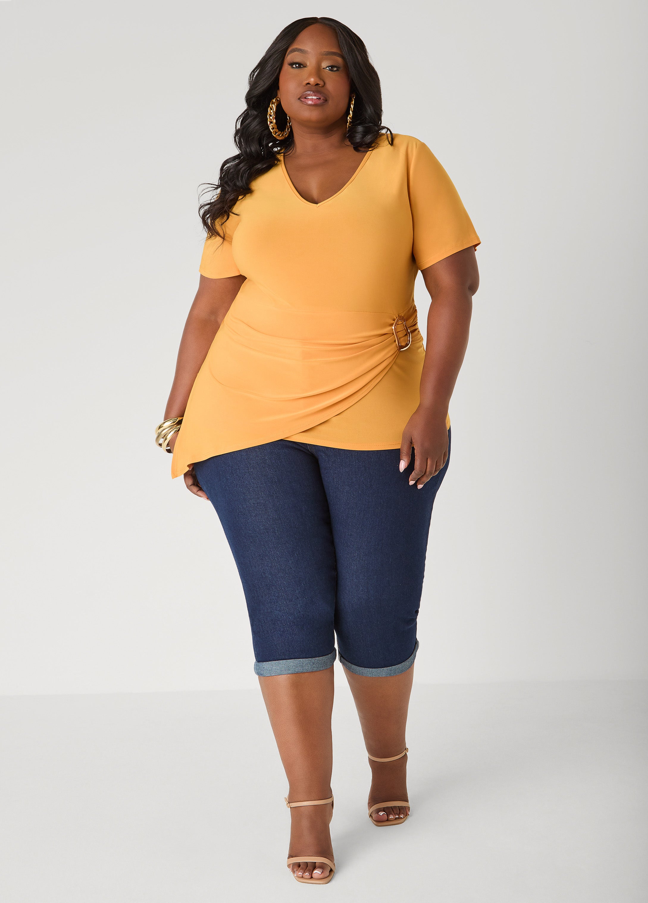 Gathered Embellished V Neck Top Mustard | Ashley Stewart