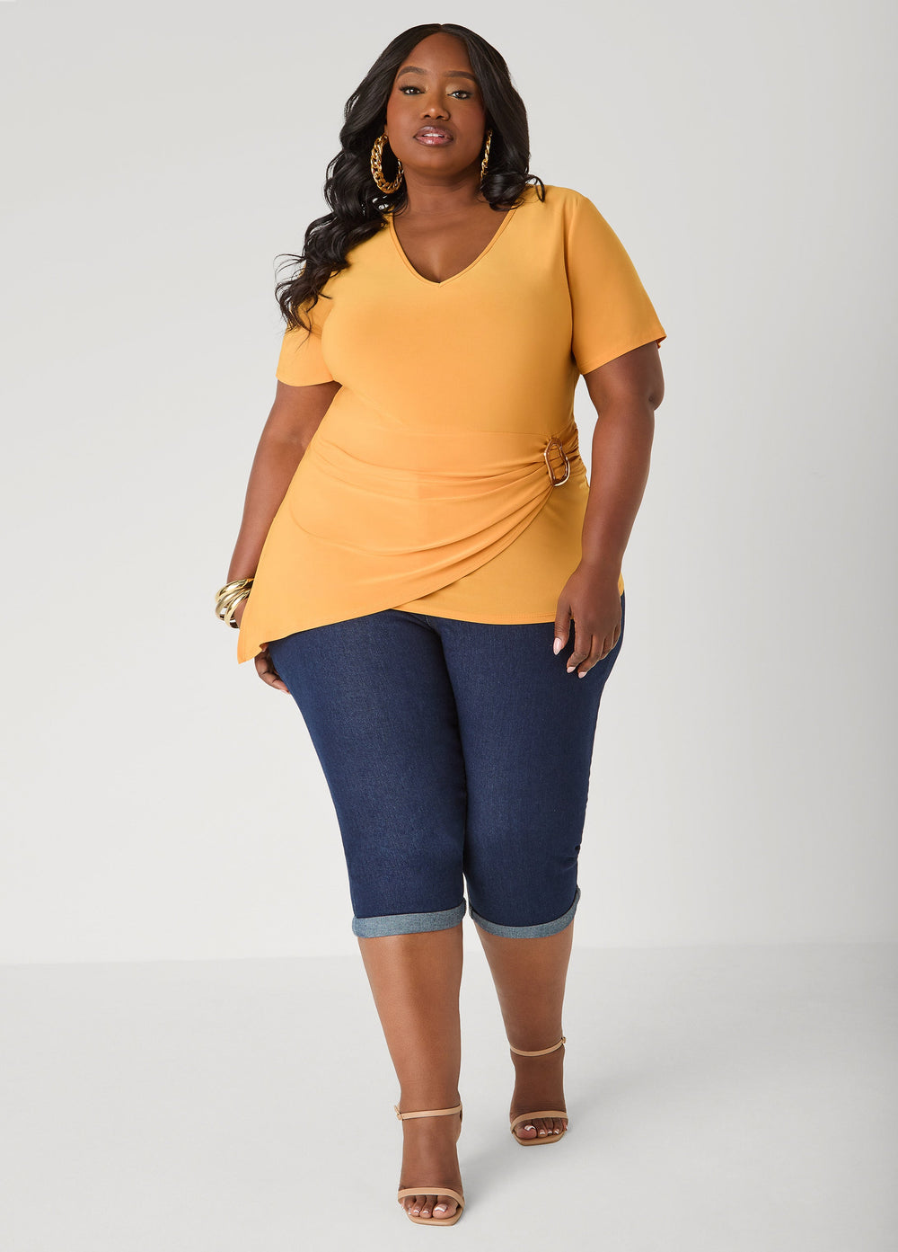 Gathered Embellished V Neck Top Mustard | Ashley Stewart