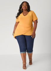 Gathered Embellished V Neck Top Mustard | Ashley Stewart