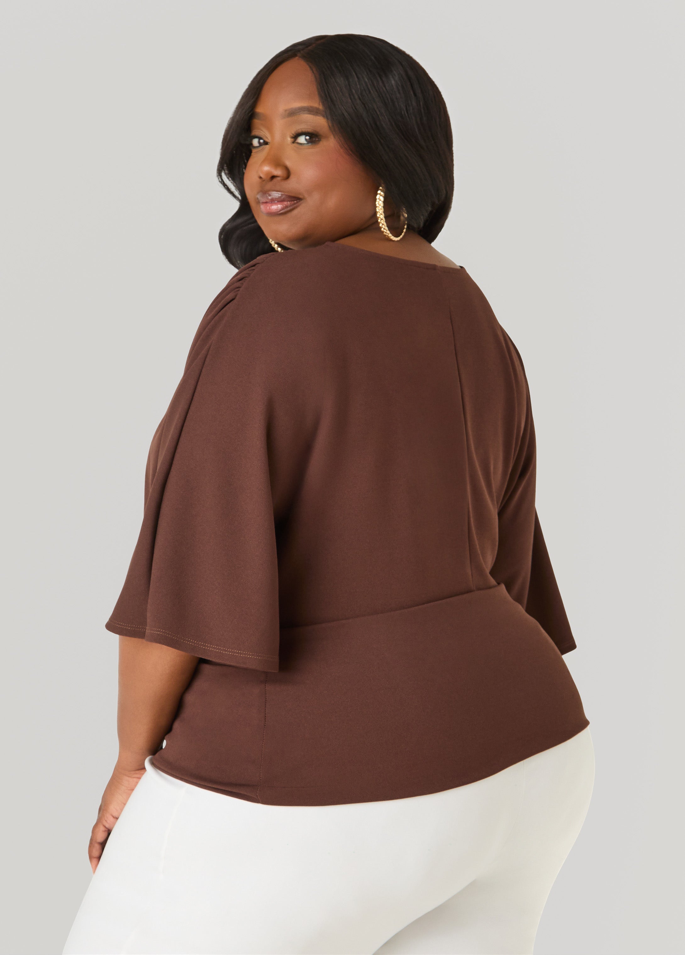 V Neck Stretch Crepe Top Brown | Ashley Stewart
