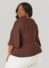 V Neck Stretch Crepe Top Brown | Ashley Stewart