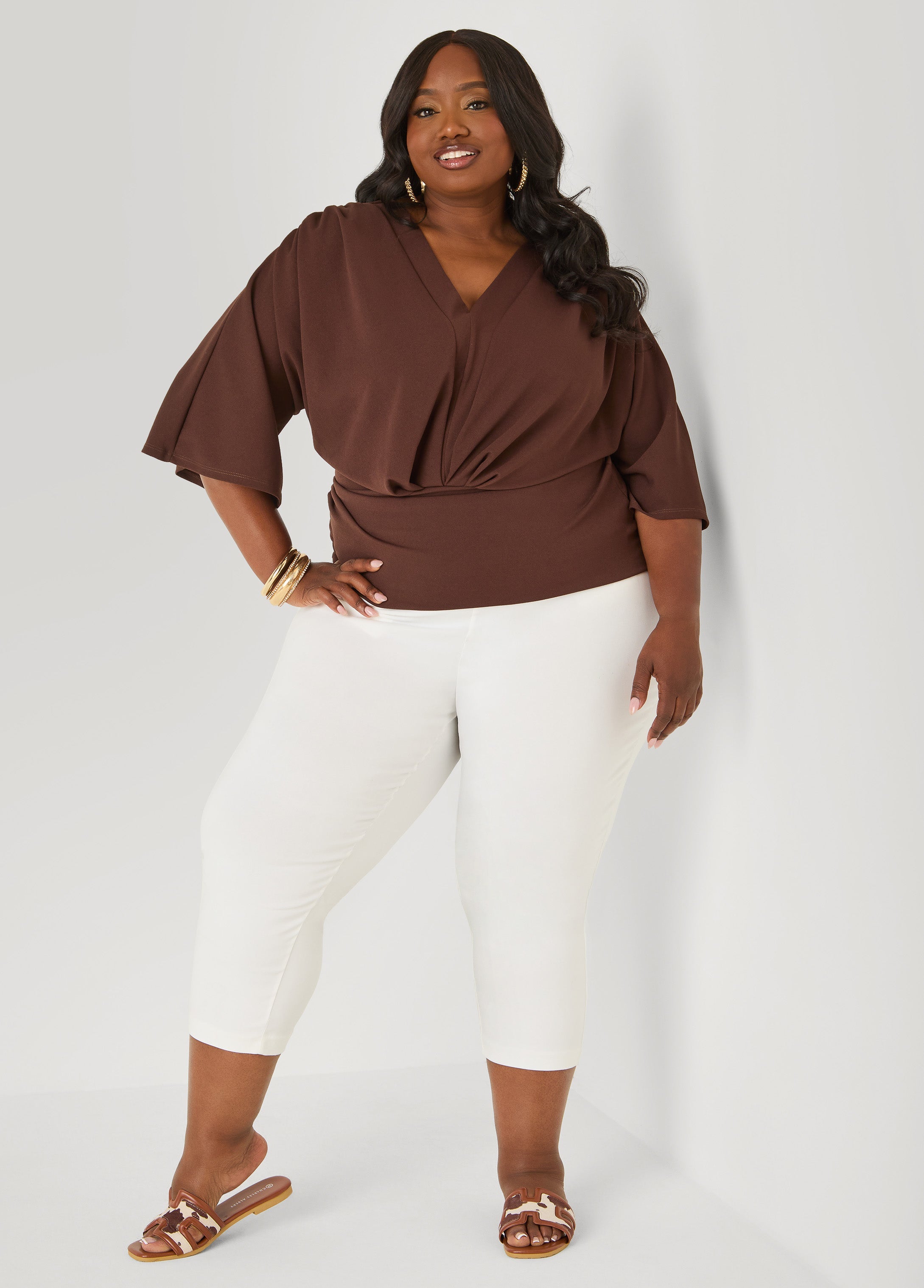 V Neck Stretch Crepe Top Brown | Ashley Stewart