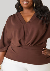 V Neck Stretch Crepe Top Brown | Ashley Stewart