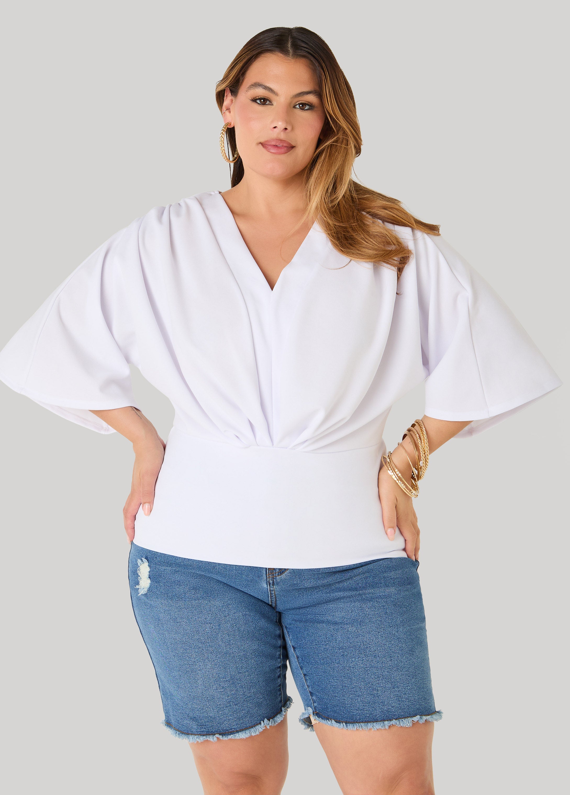 V Neck Stretch Crepe Top Brown | Ashley Stewart
