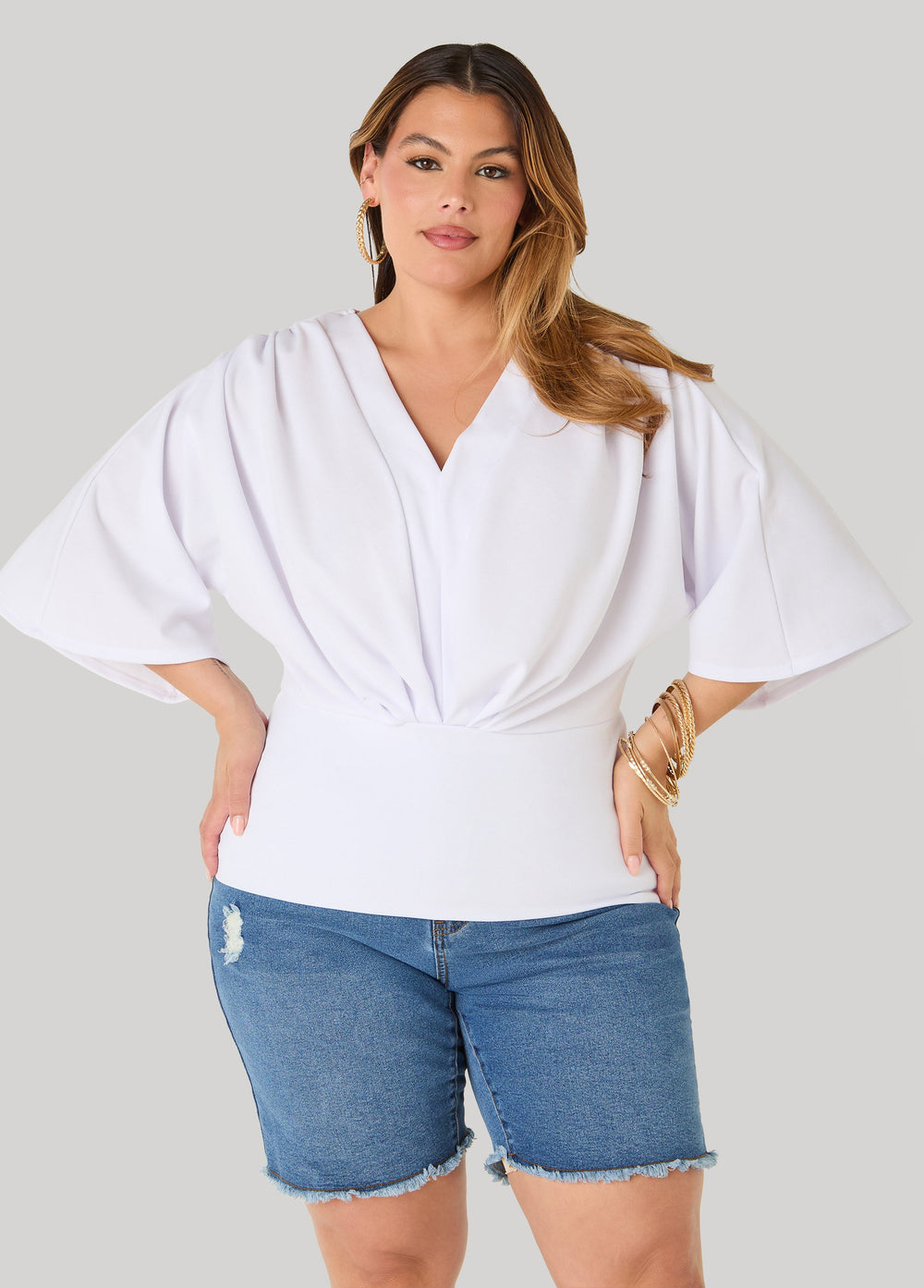 V Neck Stretch Crepe Top Brown | Ashley Stewart