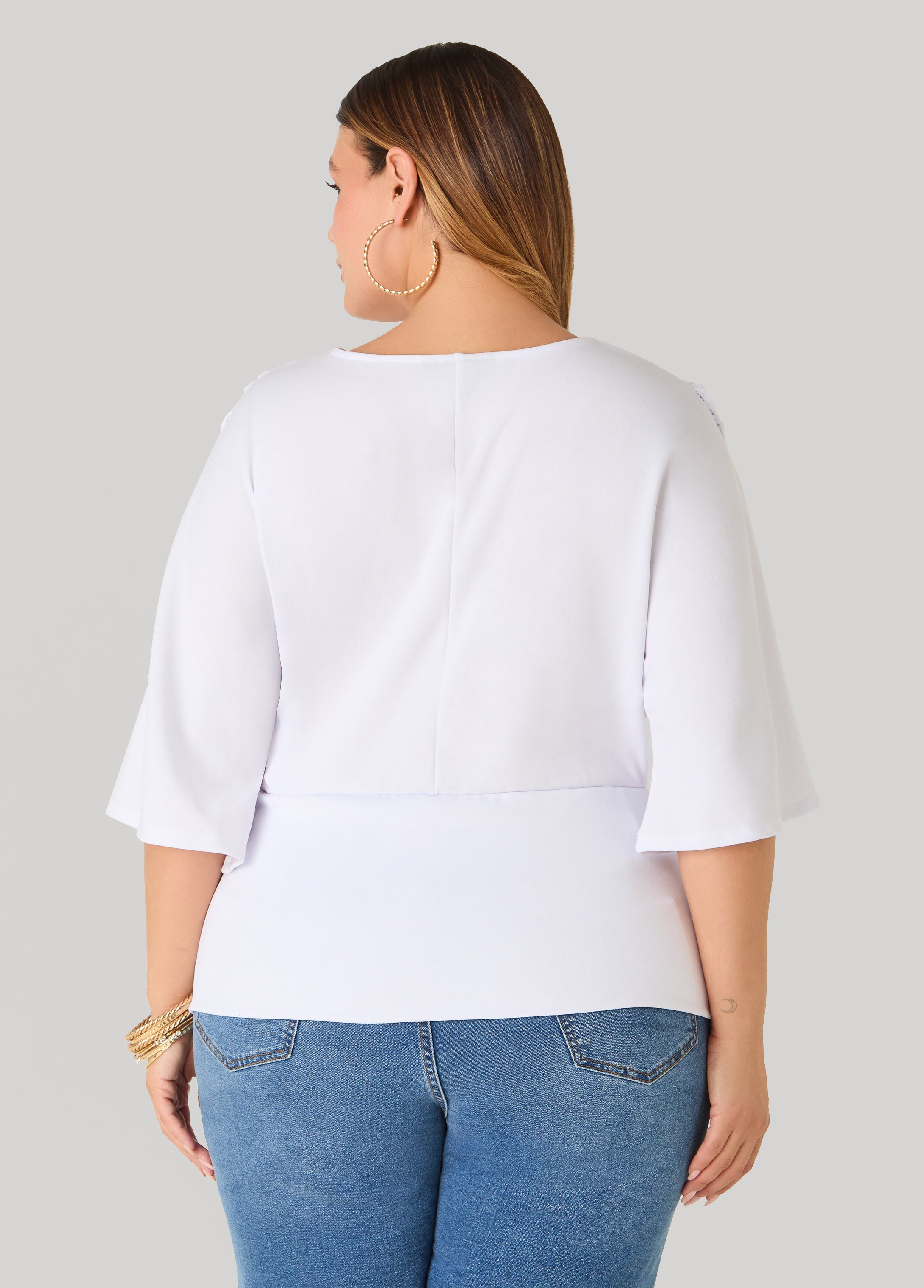 V Neck Stretch Crepe Top Brown | Ashley Stewart