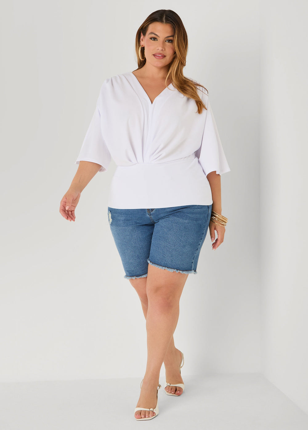 V Neck Stretch Crepe Top Brown | Ashley Stewart