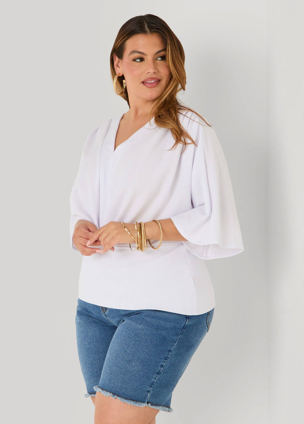V Neck Stretch Crepe Top Brown | Ashley Stewart