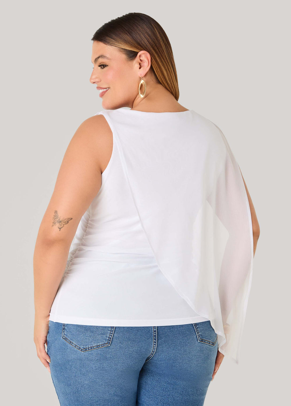 Asymmetric Draped Mesh Top White | Ashley Stewart
