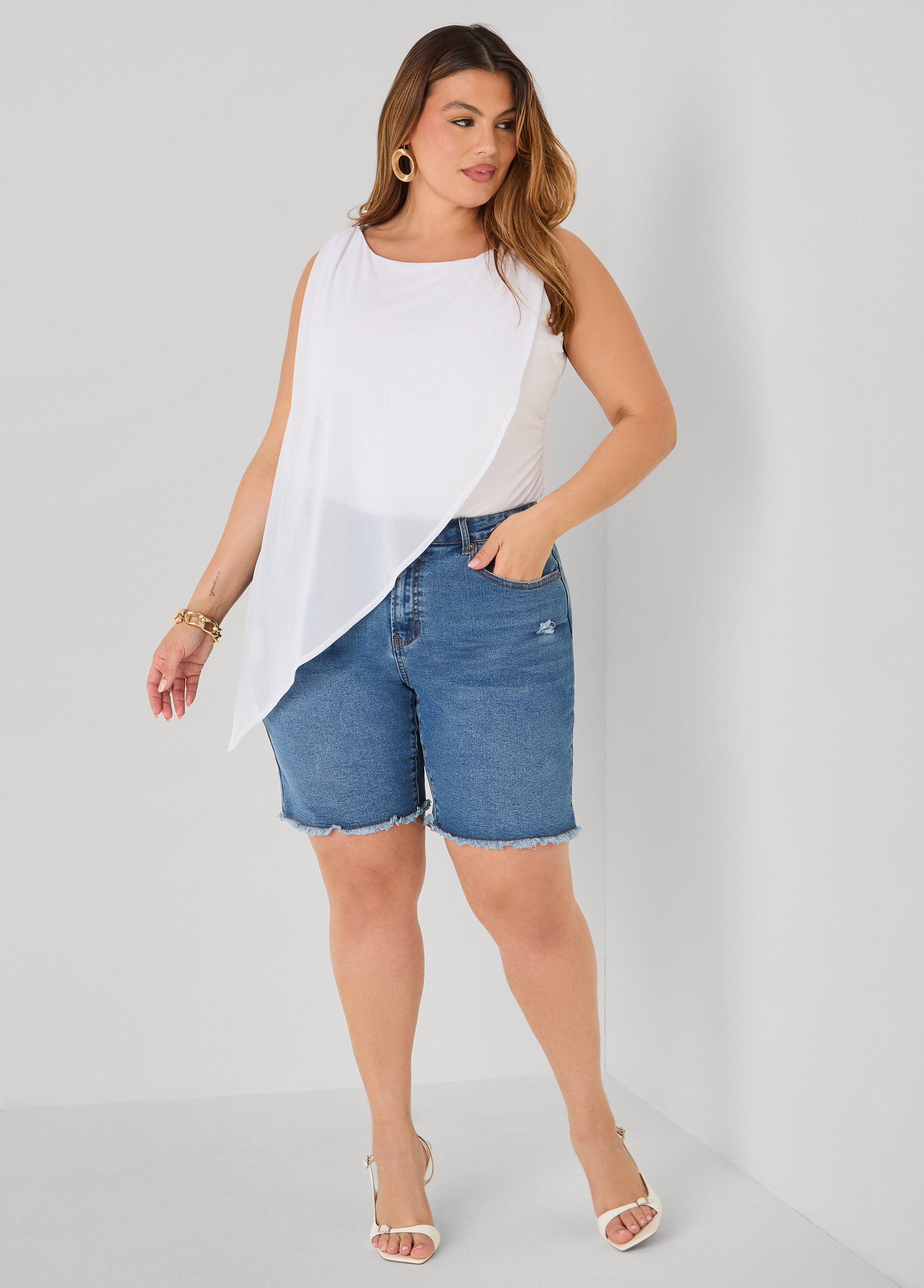 Asymmetric Draped Mesh Top White | Ashley Stewart