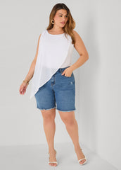 Asymmetric Draped Mesh Top White | Ashley Stewart