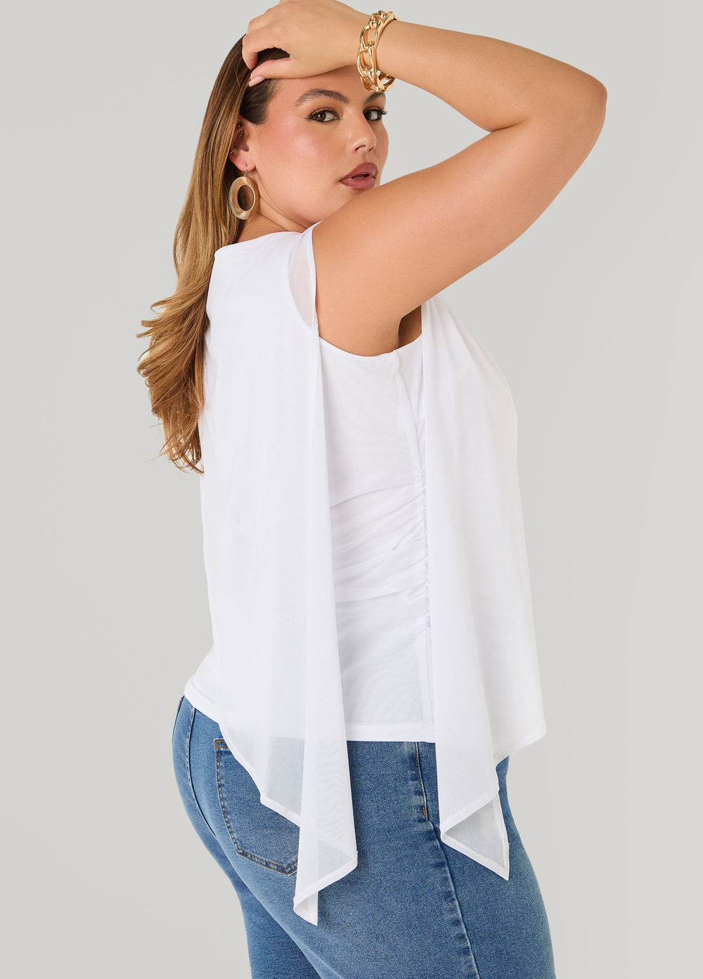 Asymmetric Draped Mesh Top White | Ashley Stewart