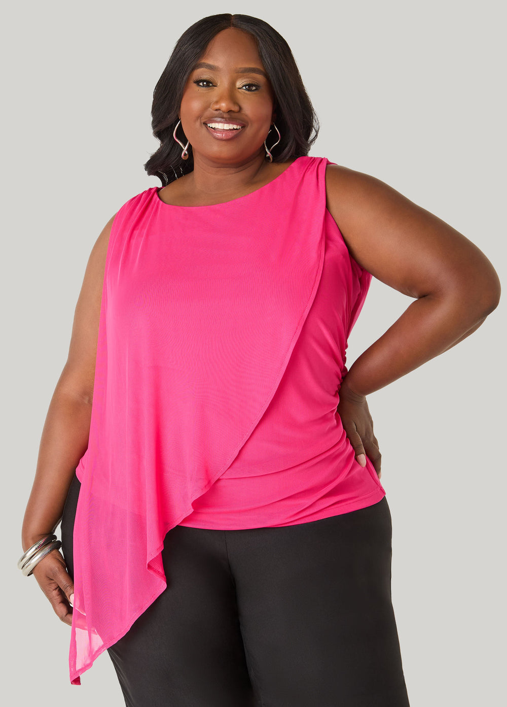 Asymmetric Draped Mesh Top White | Ashley Stewart